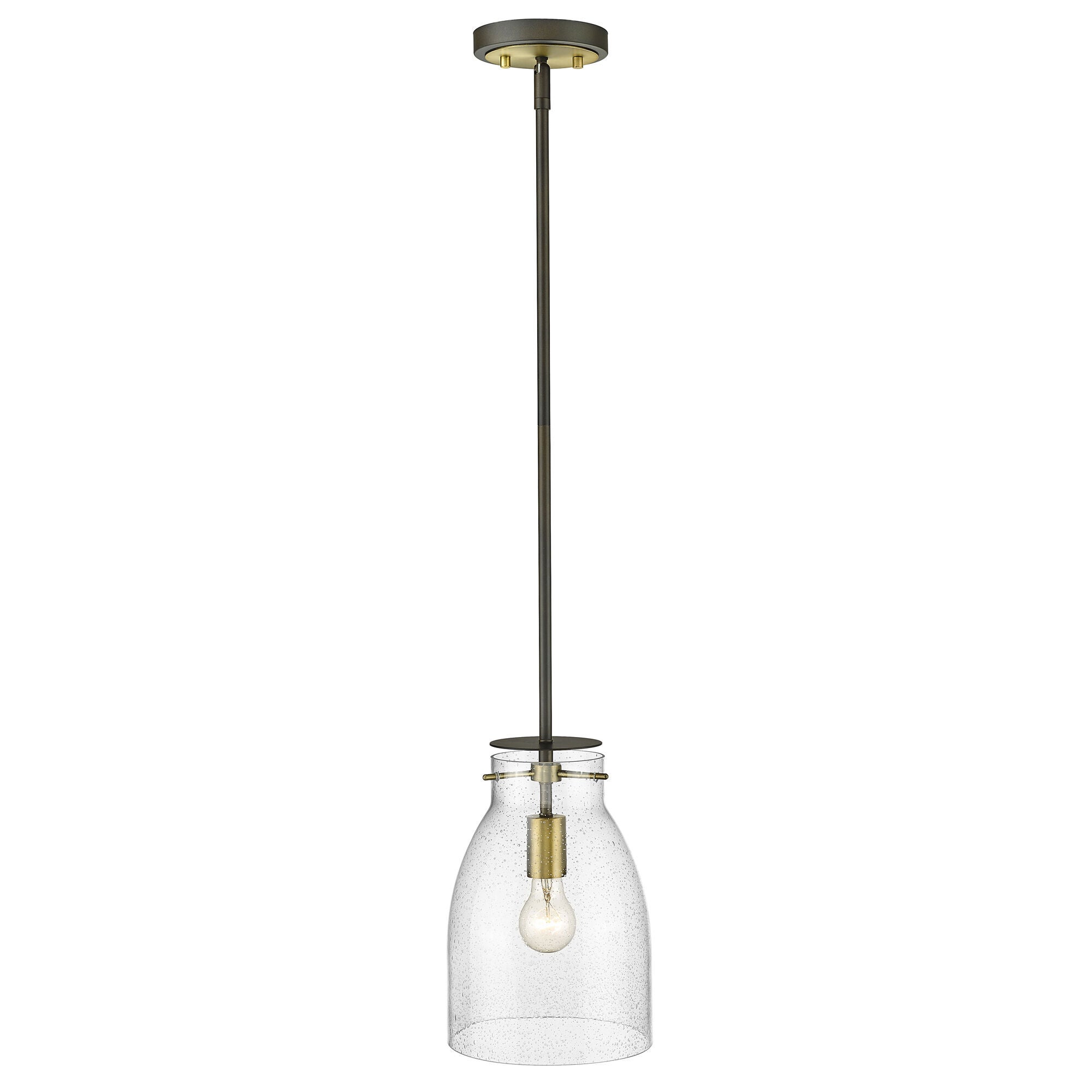 Shown in Oil Rubbed Bronze And Antique Brass finish and Clear Seedy Glass shade