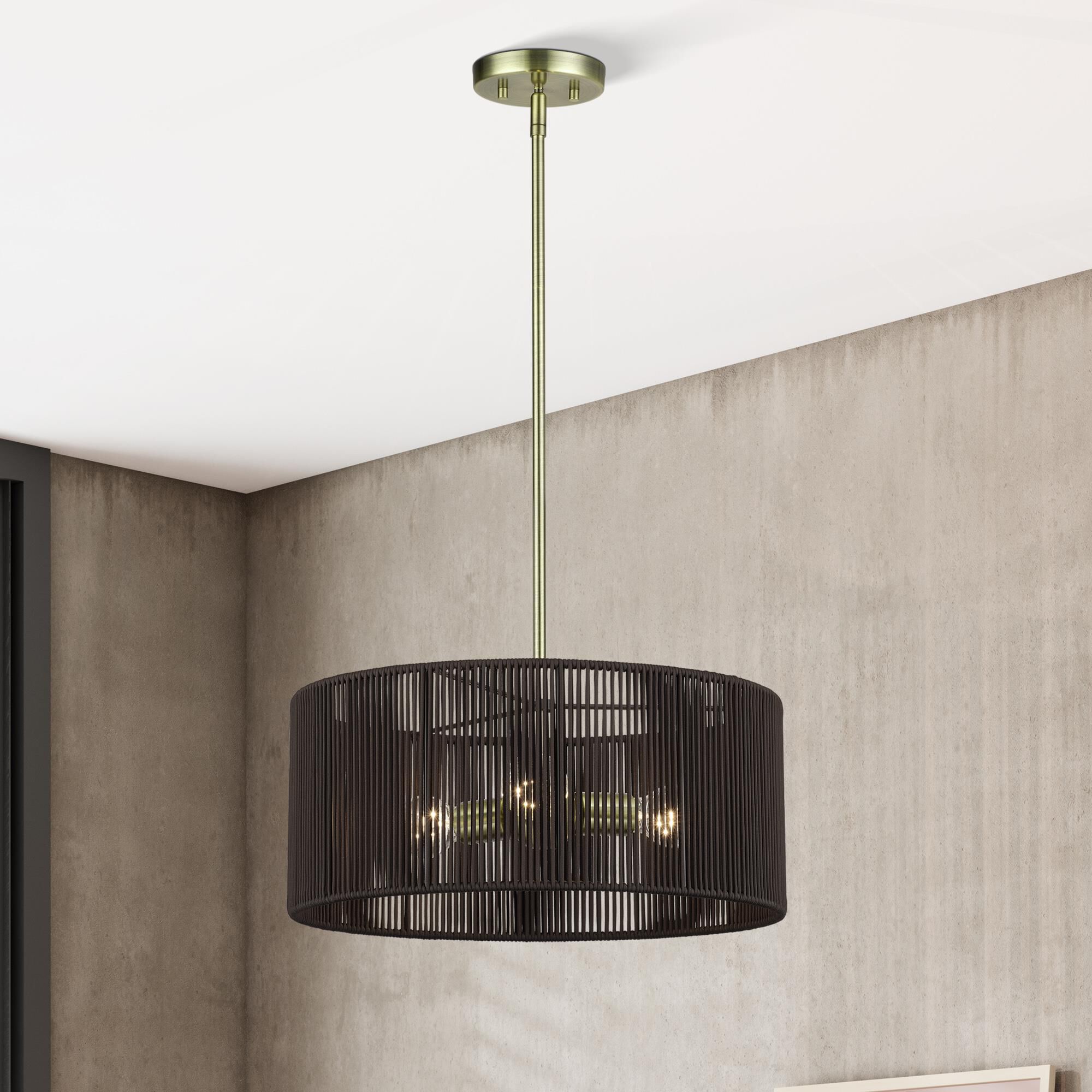 Shown in Antique Brass finish and Hand-Woven Dark Chocolate Color Polyester Rope shade