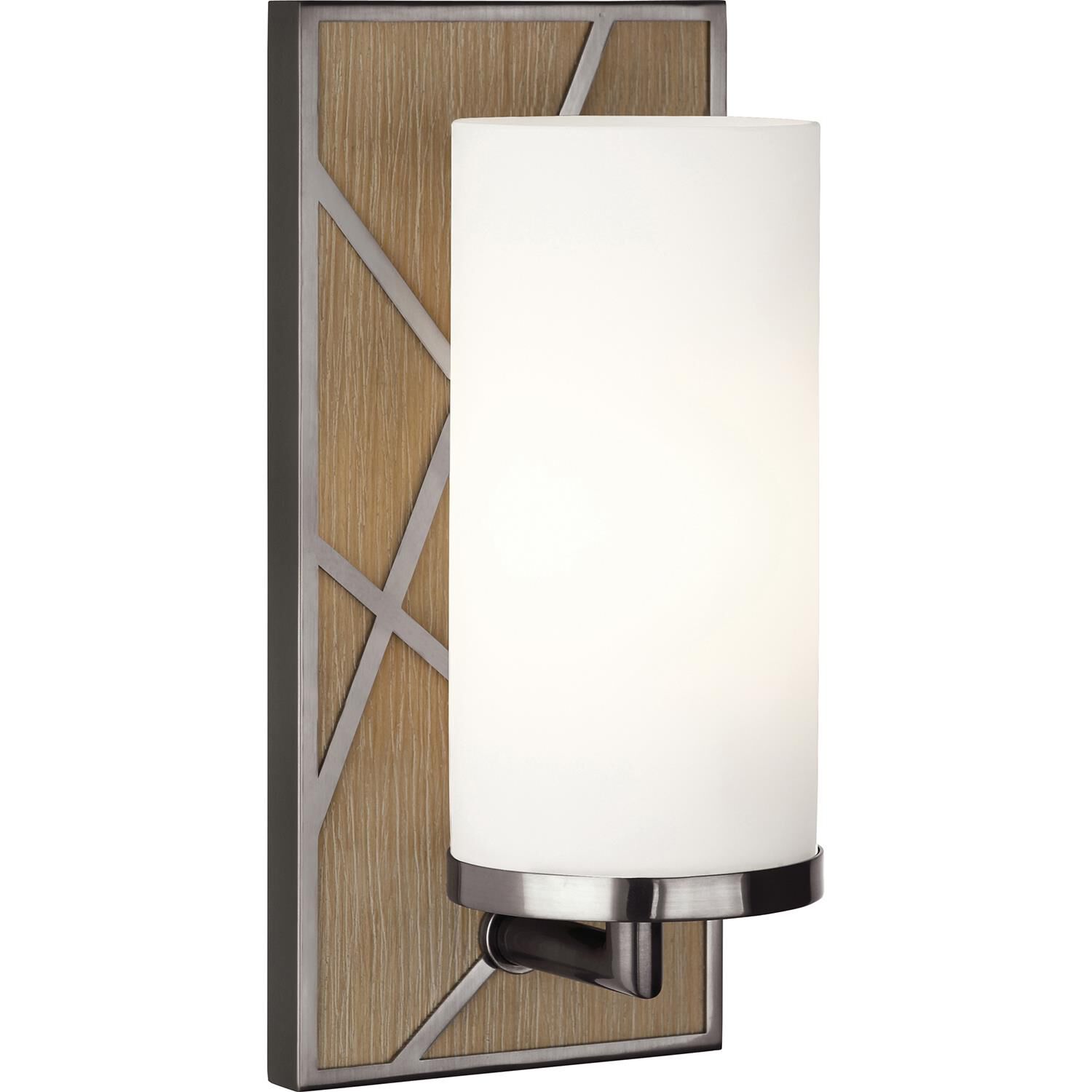 Shown in Driftwood Oak Wood  With Blackened Nickel Accents finish and Frosted Cased White Glass shade