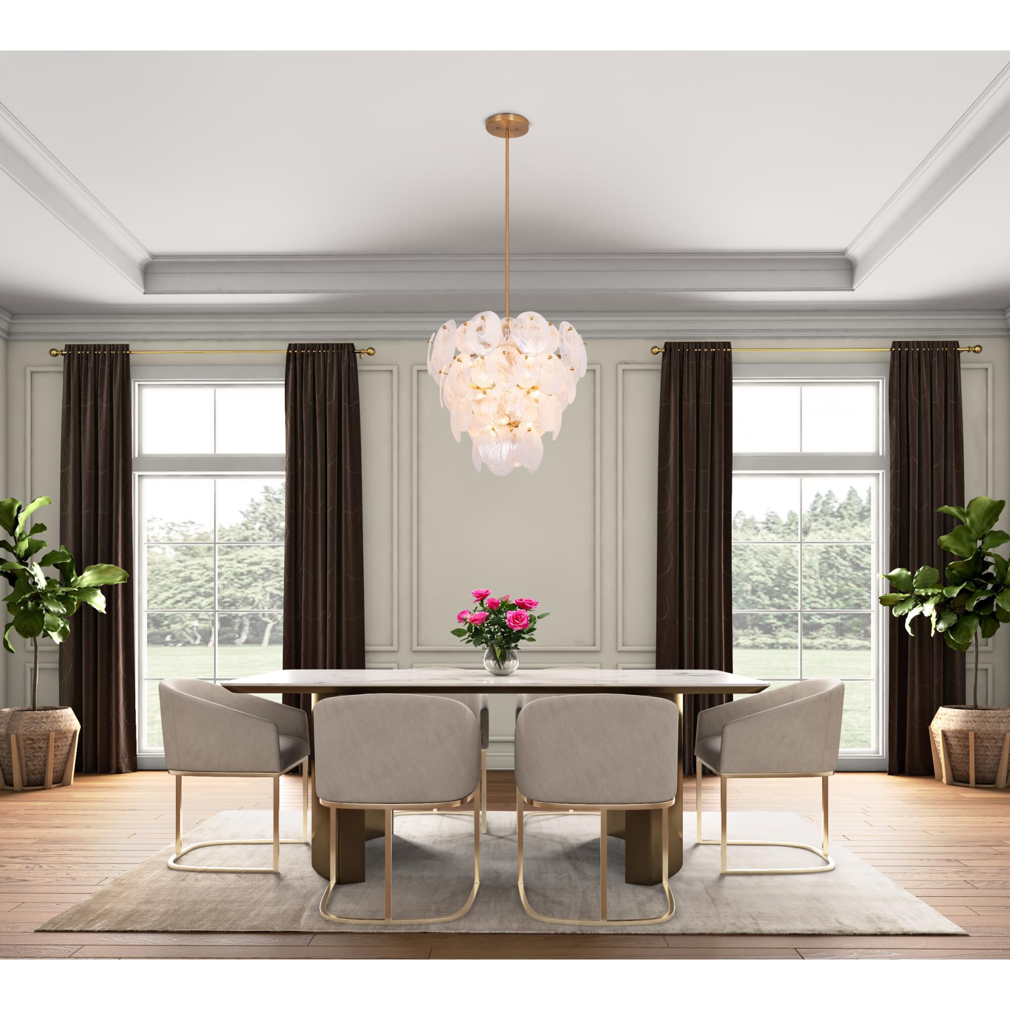 Shown in Brushed Brass finish and Wispy White Murano Style glass