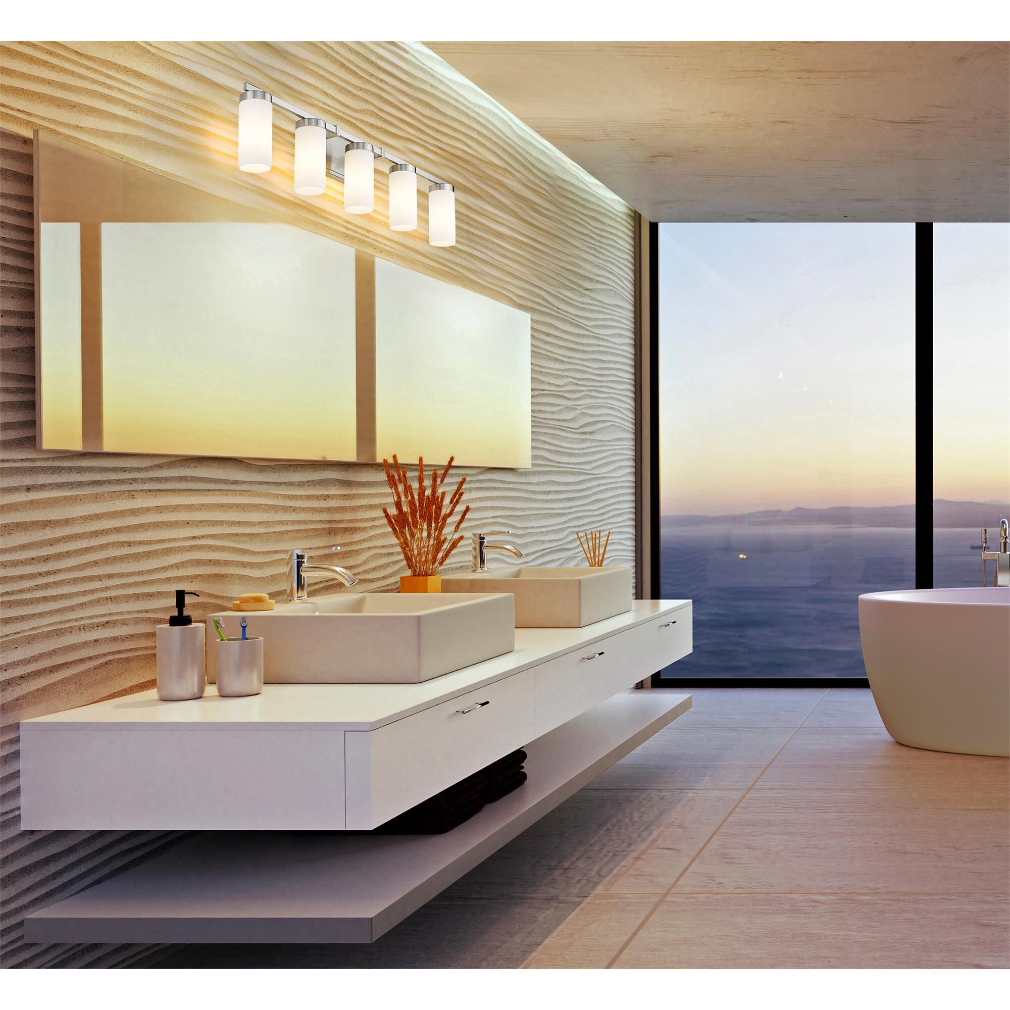 Shown in Brushed Nickel finish and White glass and White shade
