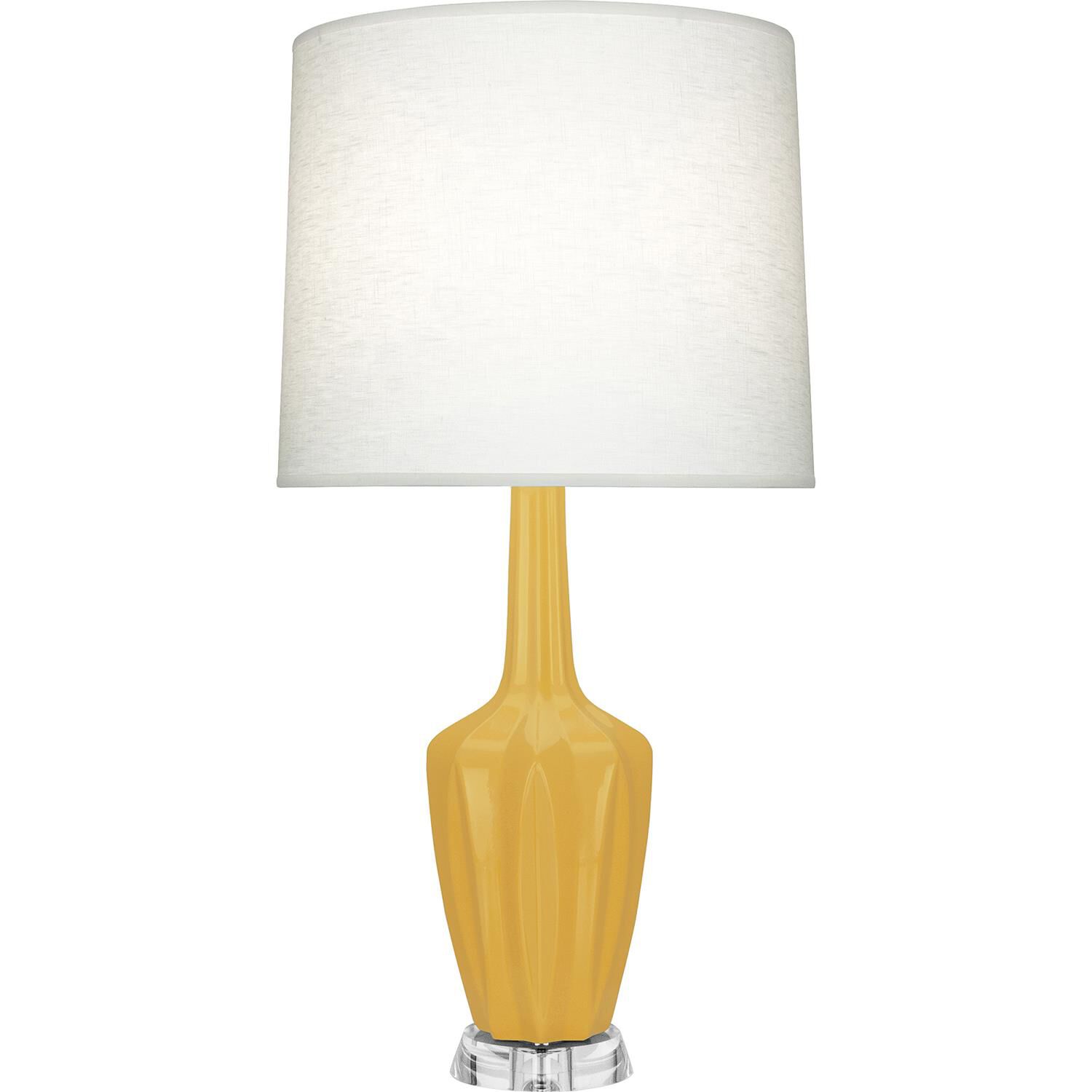 Shown in Sunset finish and Off White shade and Polished Nickel with Lucite accent
