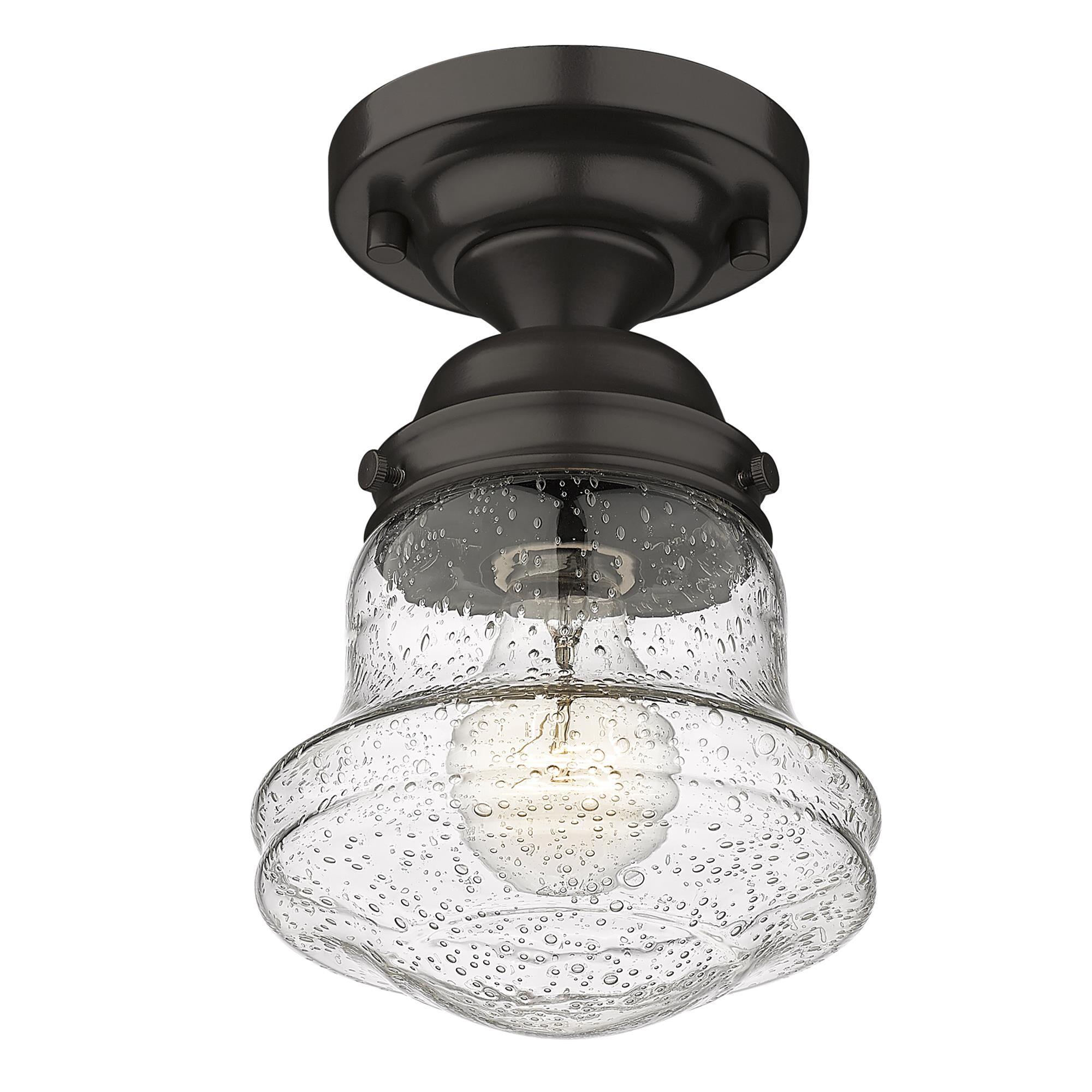 Shown in Bronze finish and Clear Seedy glass