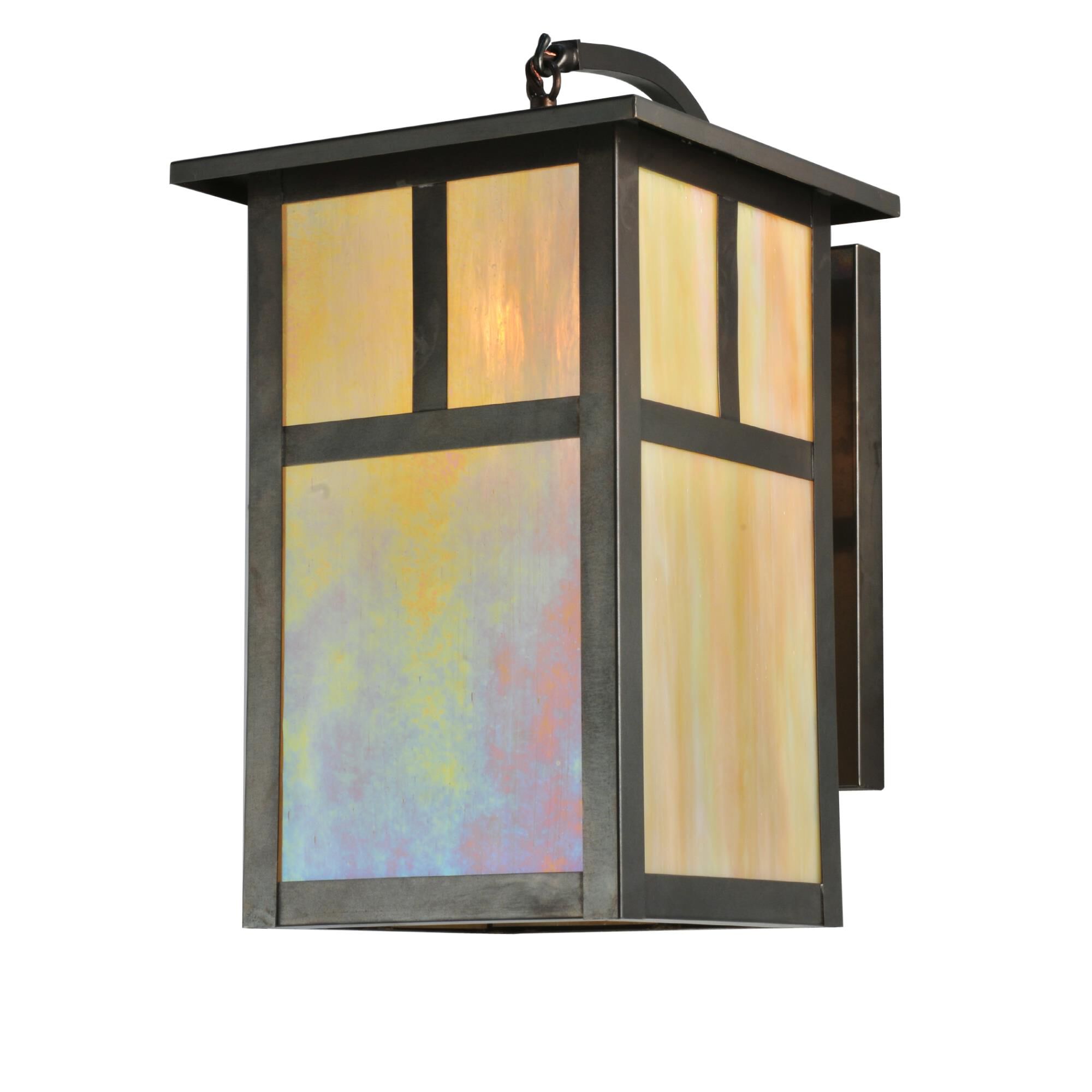 Shown in Craftsman Brown Finish finish and Beige Iridescent glass