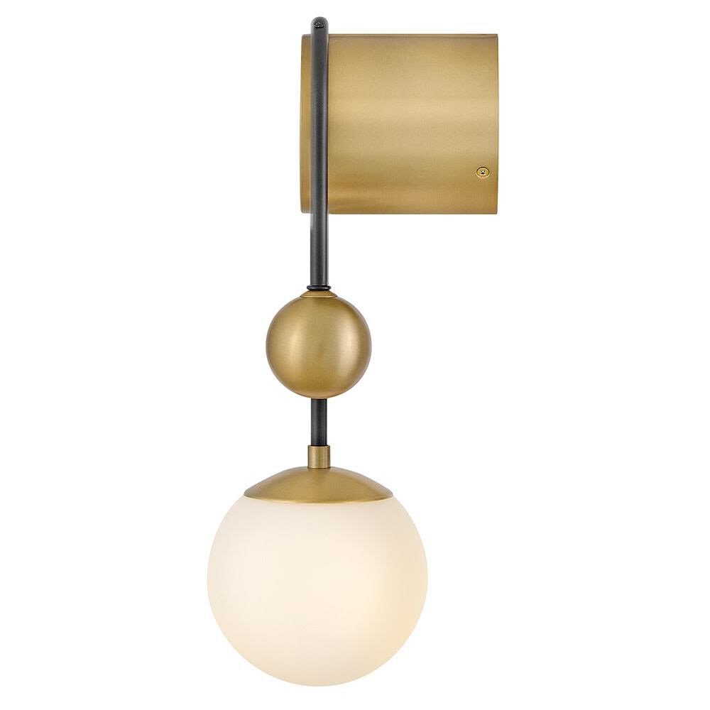 Shown in Black finish and Etched Opal glass and Lacquered Brass accent