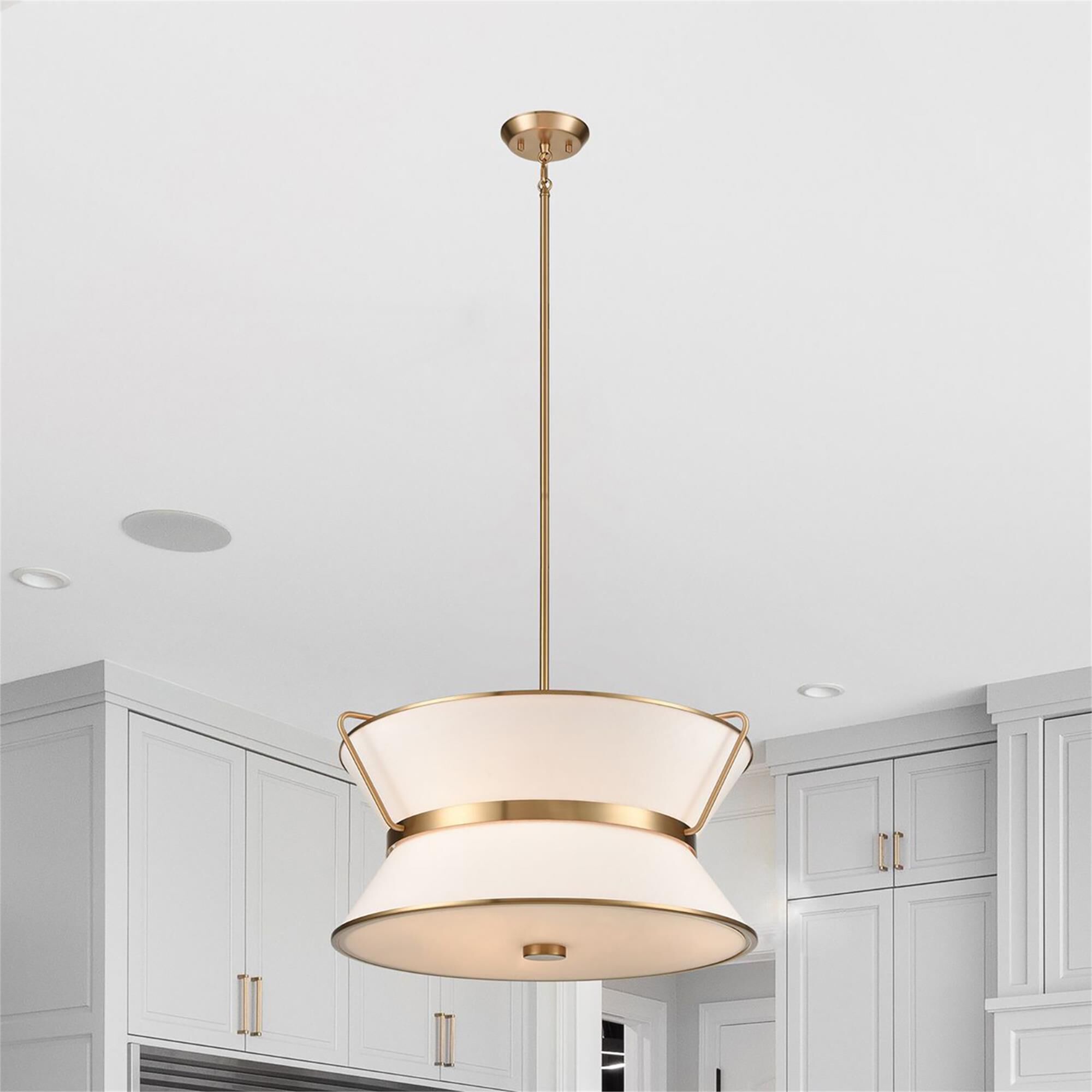 Shown in Brushed Brass finish and Etched glass and White Linen shade