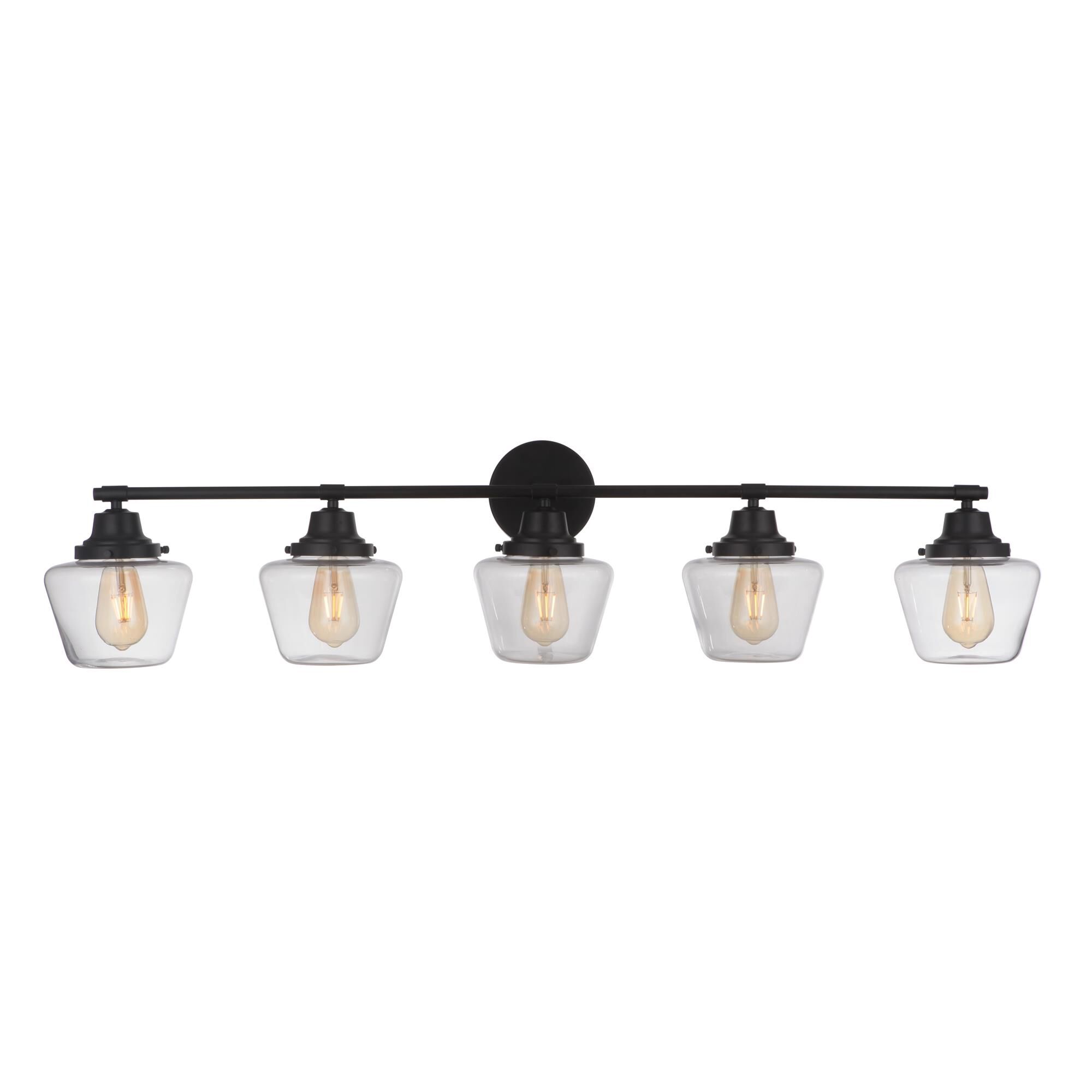Shown in Flat Black finish and Clear glass and Glass shade