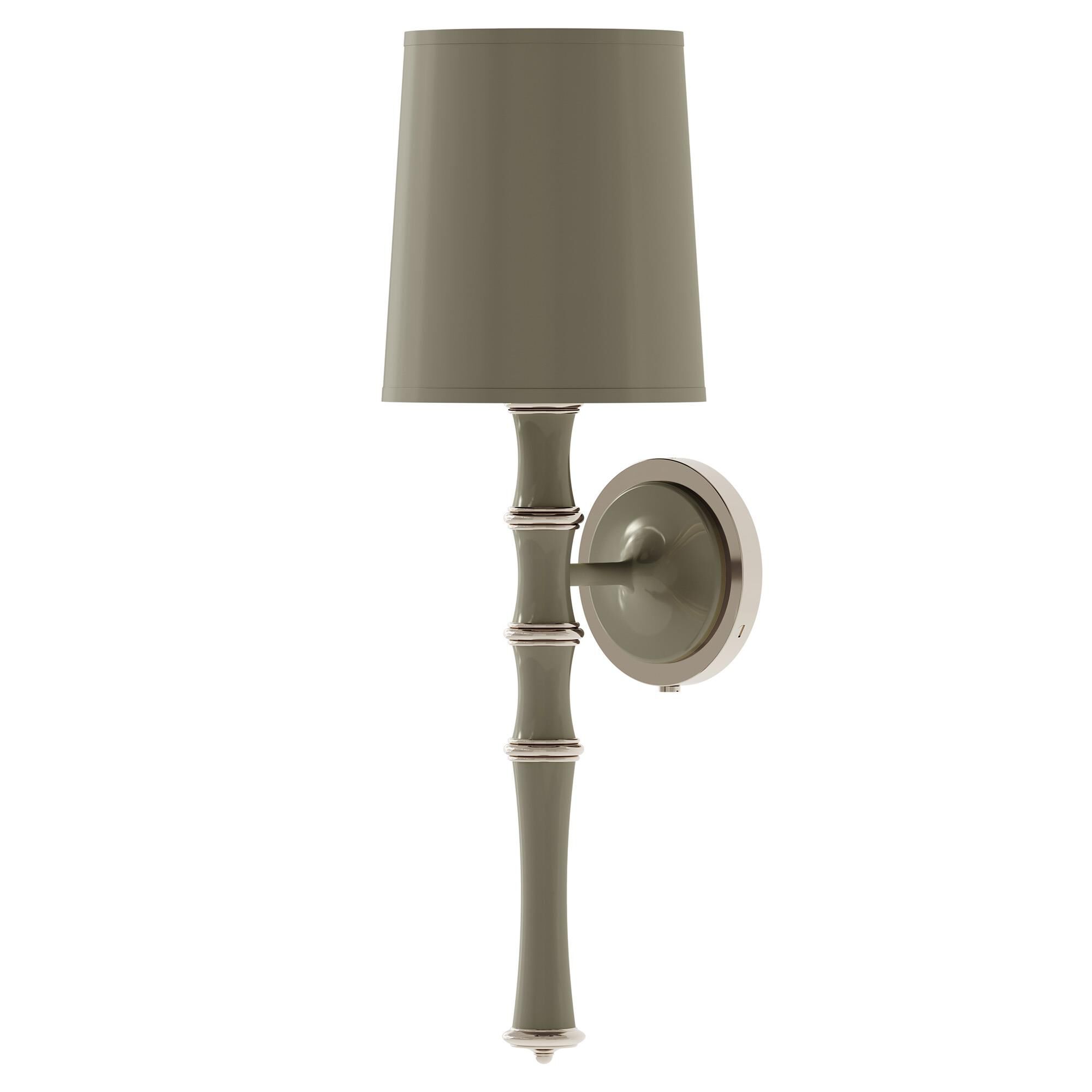 Shown in Smokey Taupe finish and Celadon shade and Polished Nickel  accent