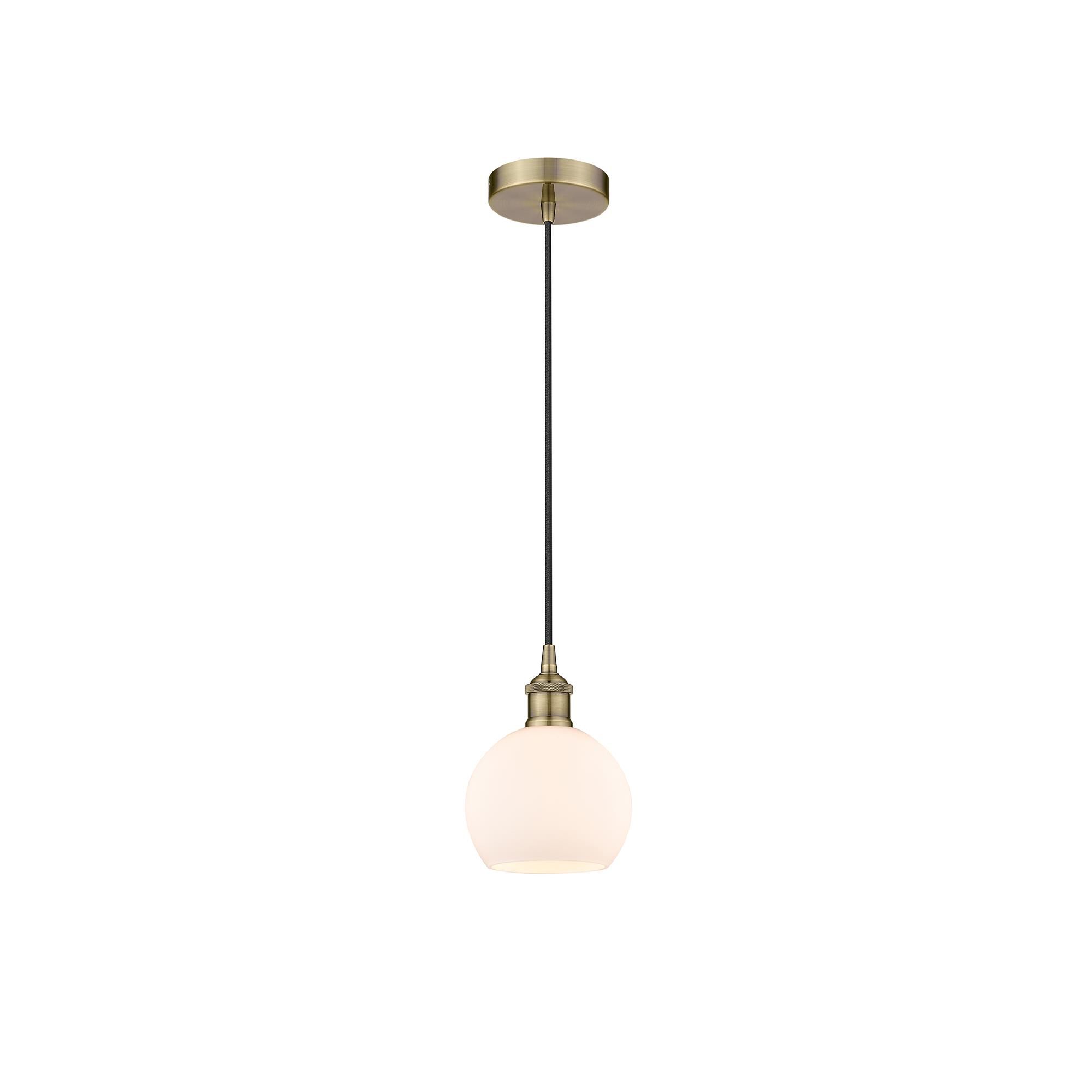 Shown in Antique Brass finish and Cased Matte White Athens glass
