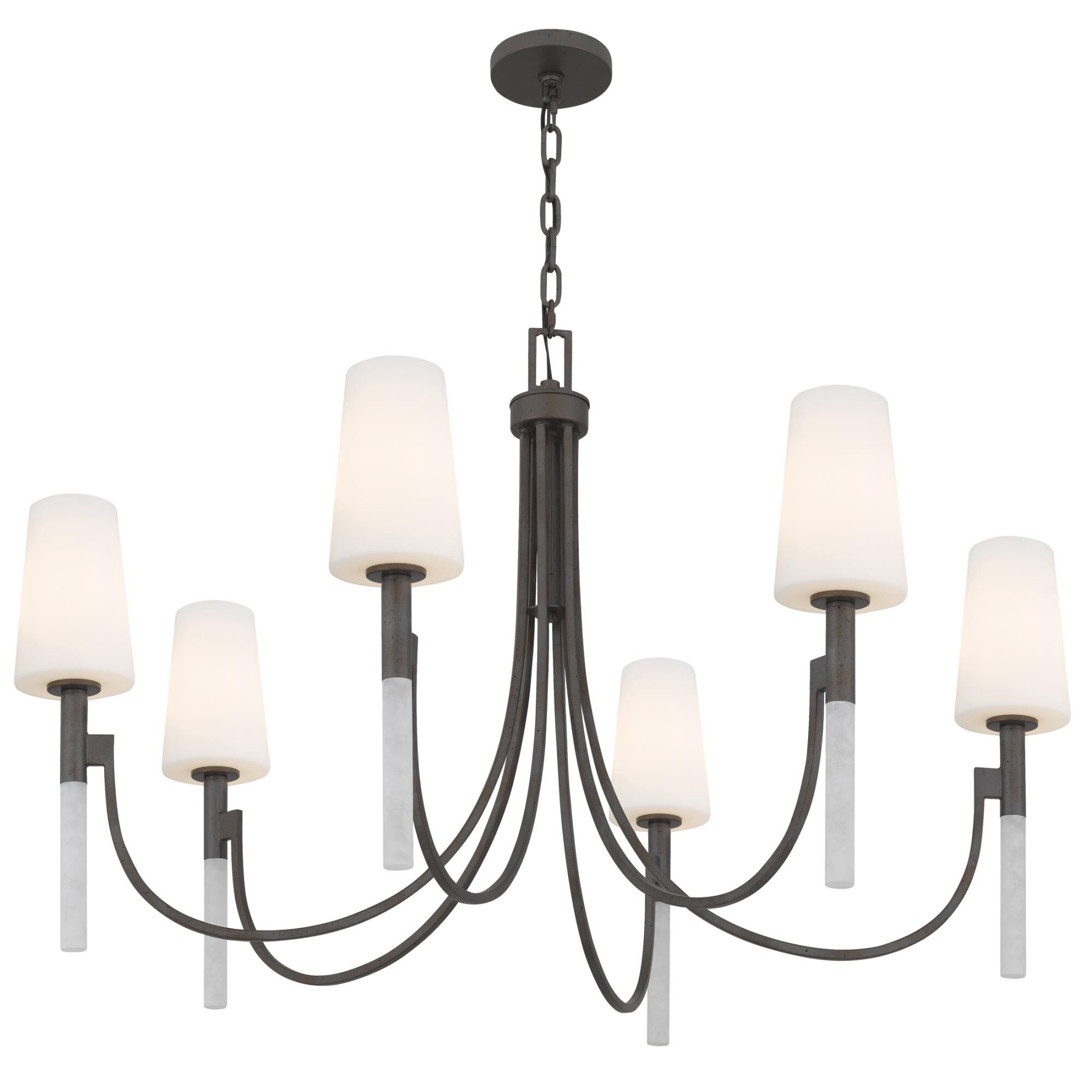 Shown in Iron Gate finish and Opal Etched Glass shade