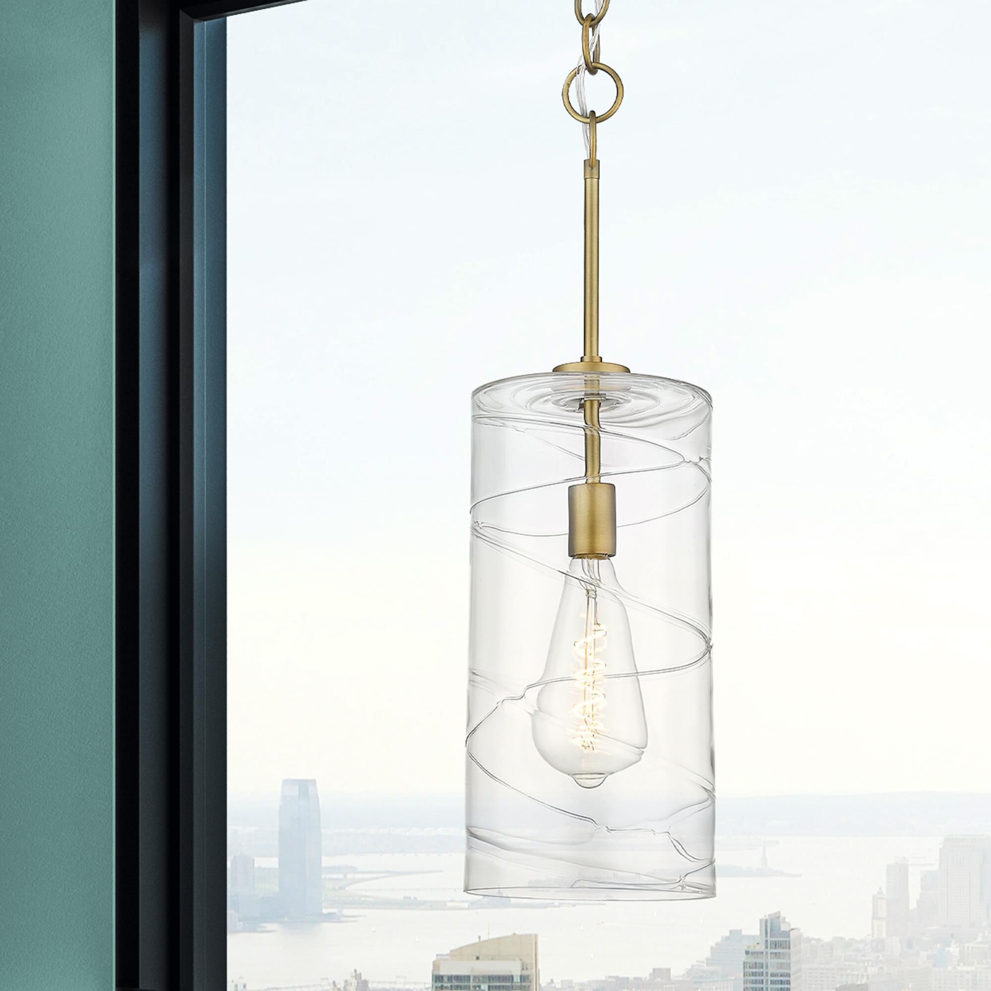 Shown in Brushed Brass  finish and Clear Deco Swirl glass