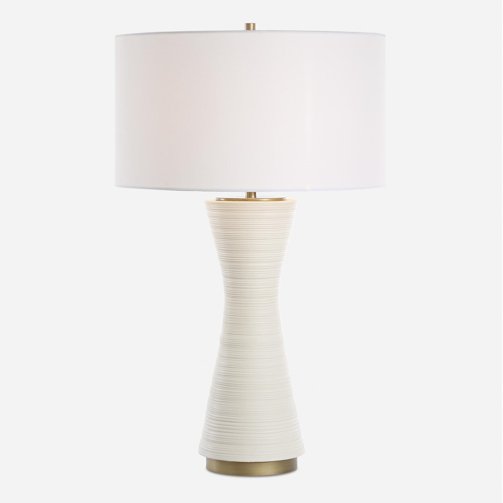 Shown in White finish and Round Drum Hardback shade