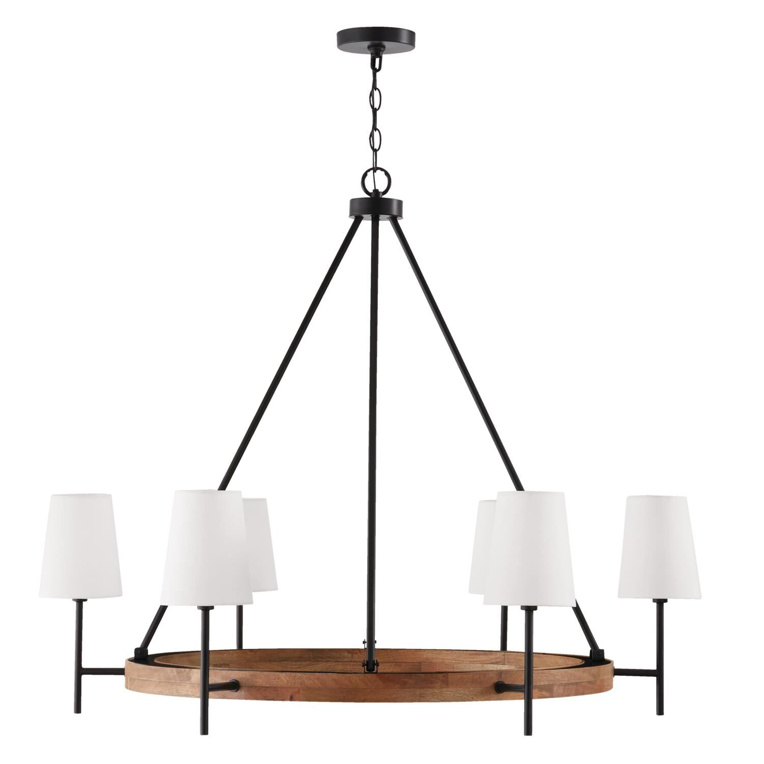 Shown in Light Wood and Matte Black finish and White Fabric Stay-Straight shade