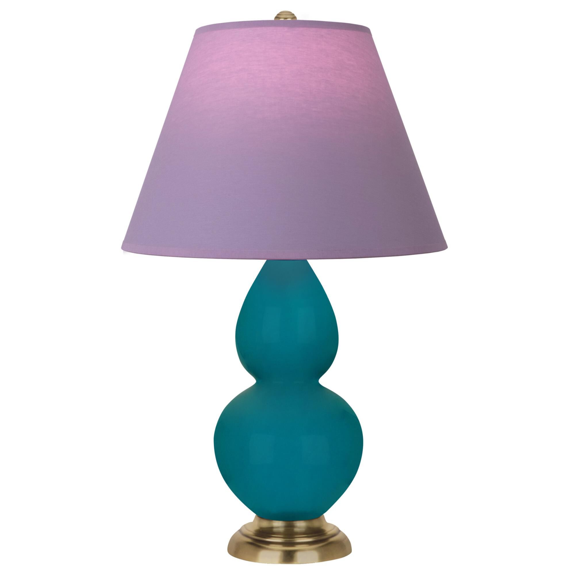 Shown in Peacock finish and Lavender and Plum shade and Antique Natural Brass accent