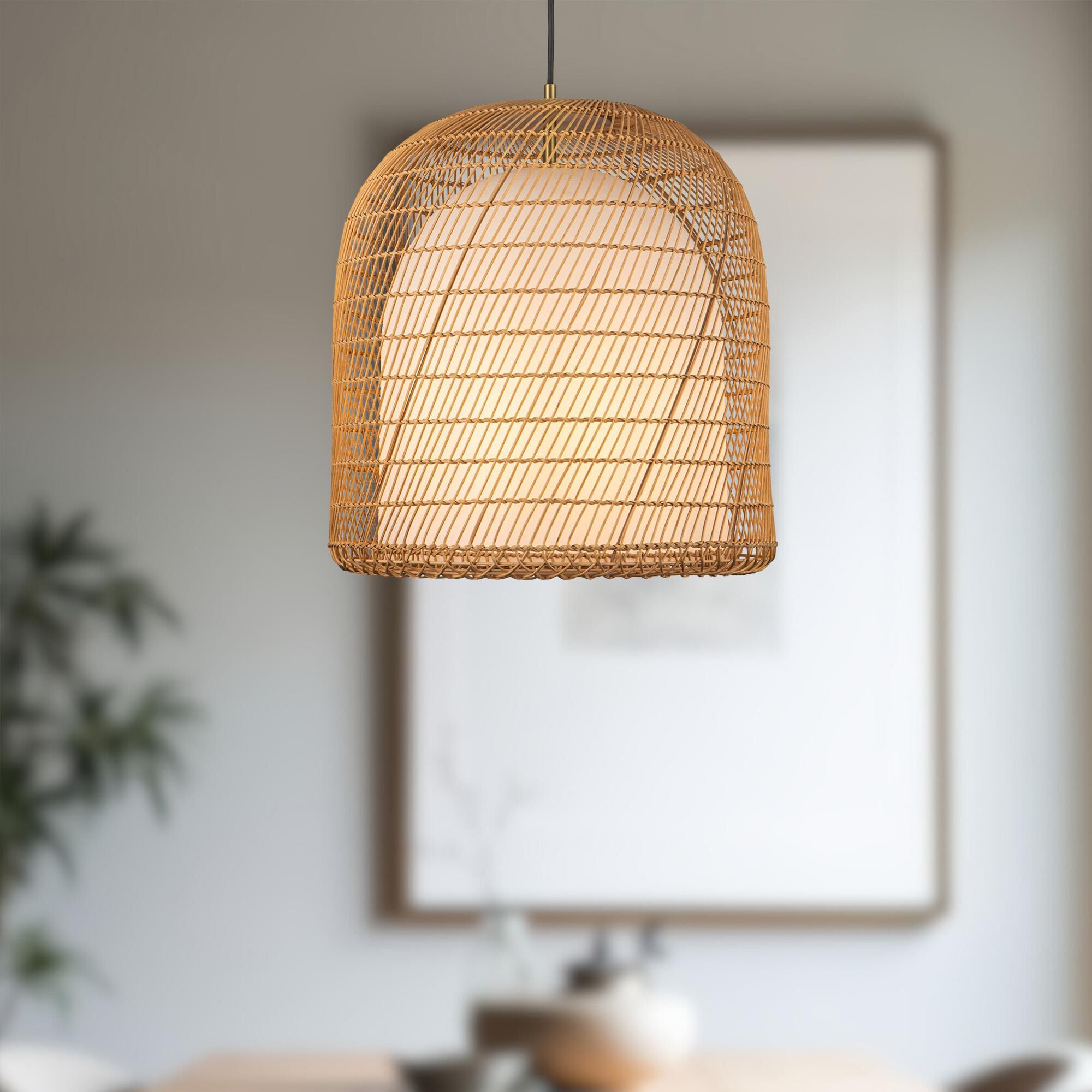 Shown in Brushed Gold finish and Opal glass and Rattan shade