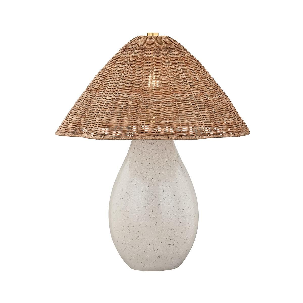 Shown in Aged Brass and Ceramic Creamy Oat finish and Light Natural Wicker shade