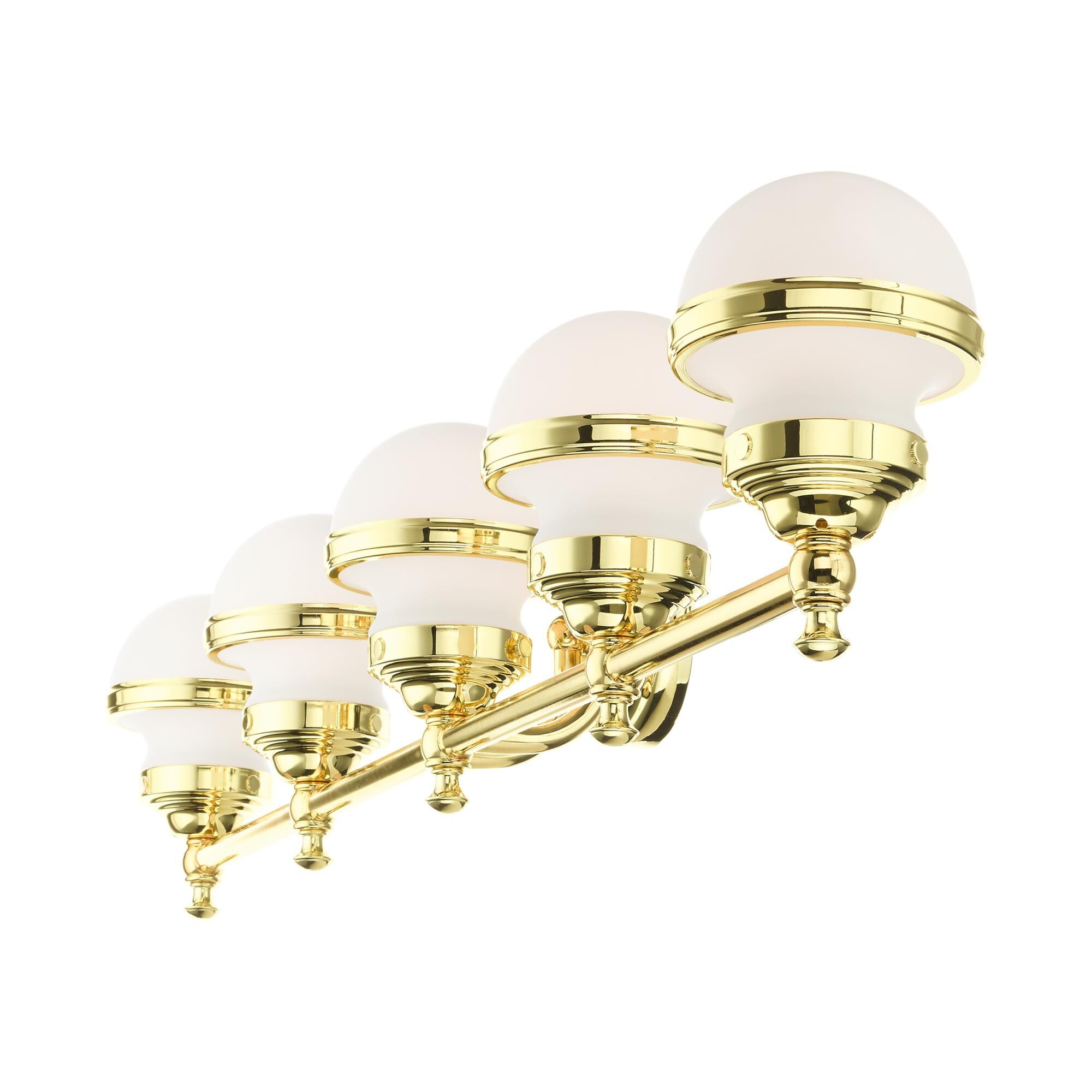 Shown in Polished Brass finish and Hand Blown Satin Opal White glass and Hand Blown Satin Opal White Glass shade