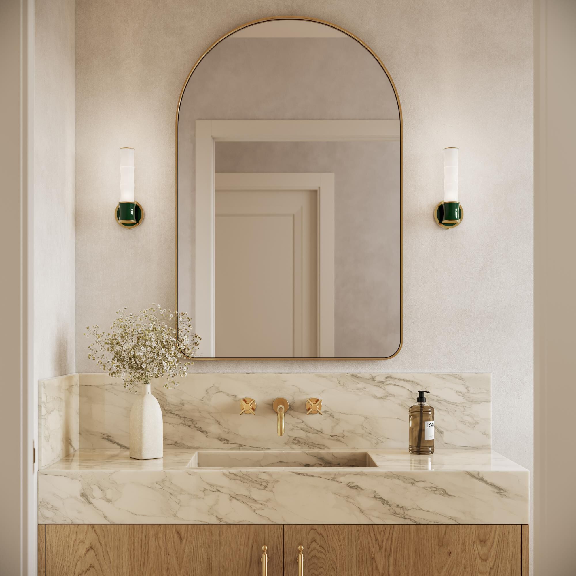 Shown in Jungle finish and White Frosted glass and Modern Brass accent