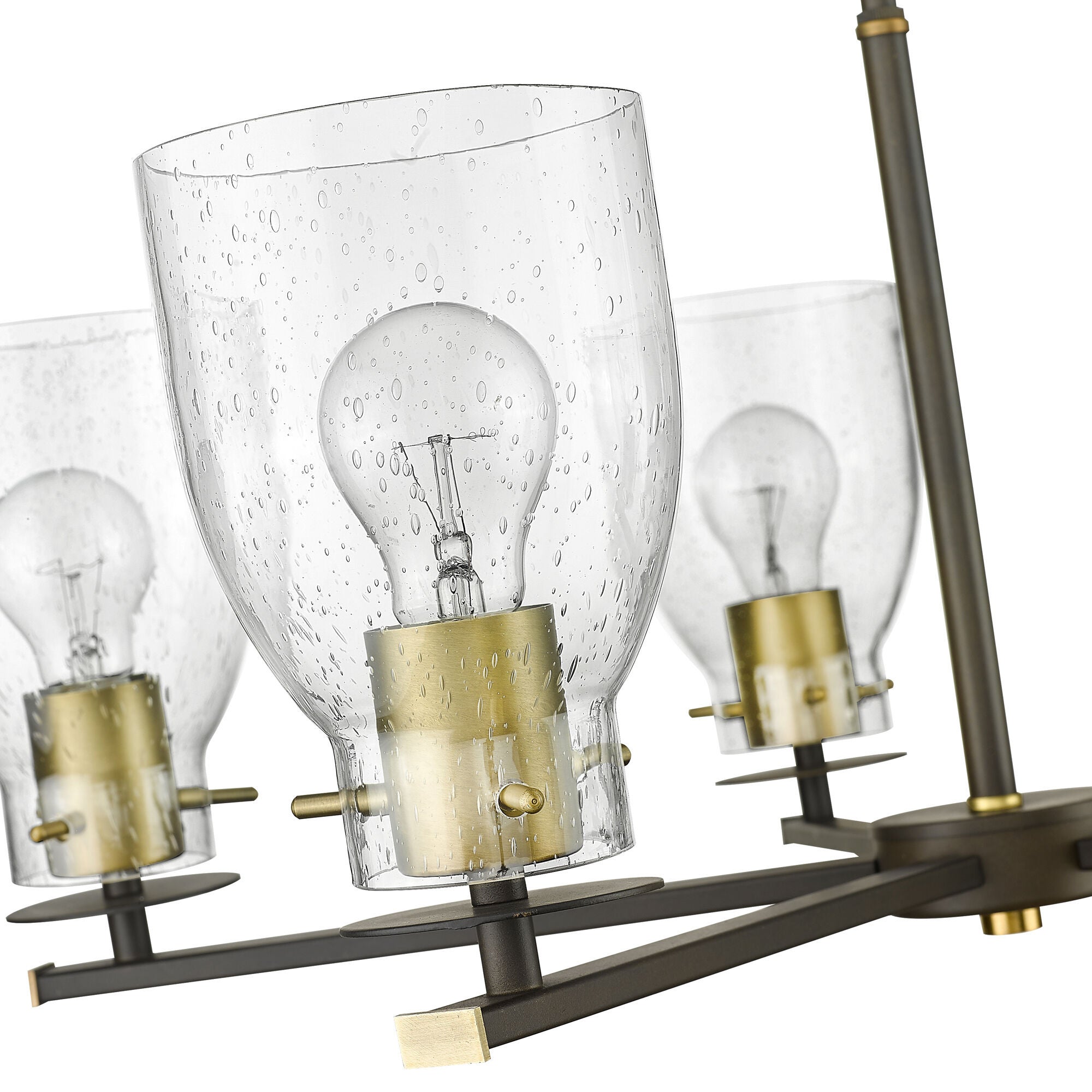 Shown in Oil Rubbed Bronze And Antique Brass finish and Clear Seedy Glass shade