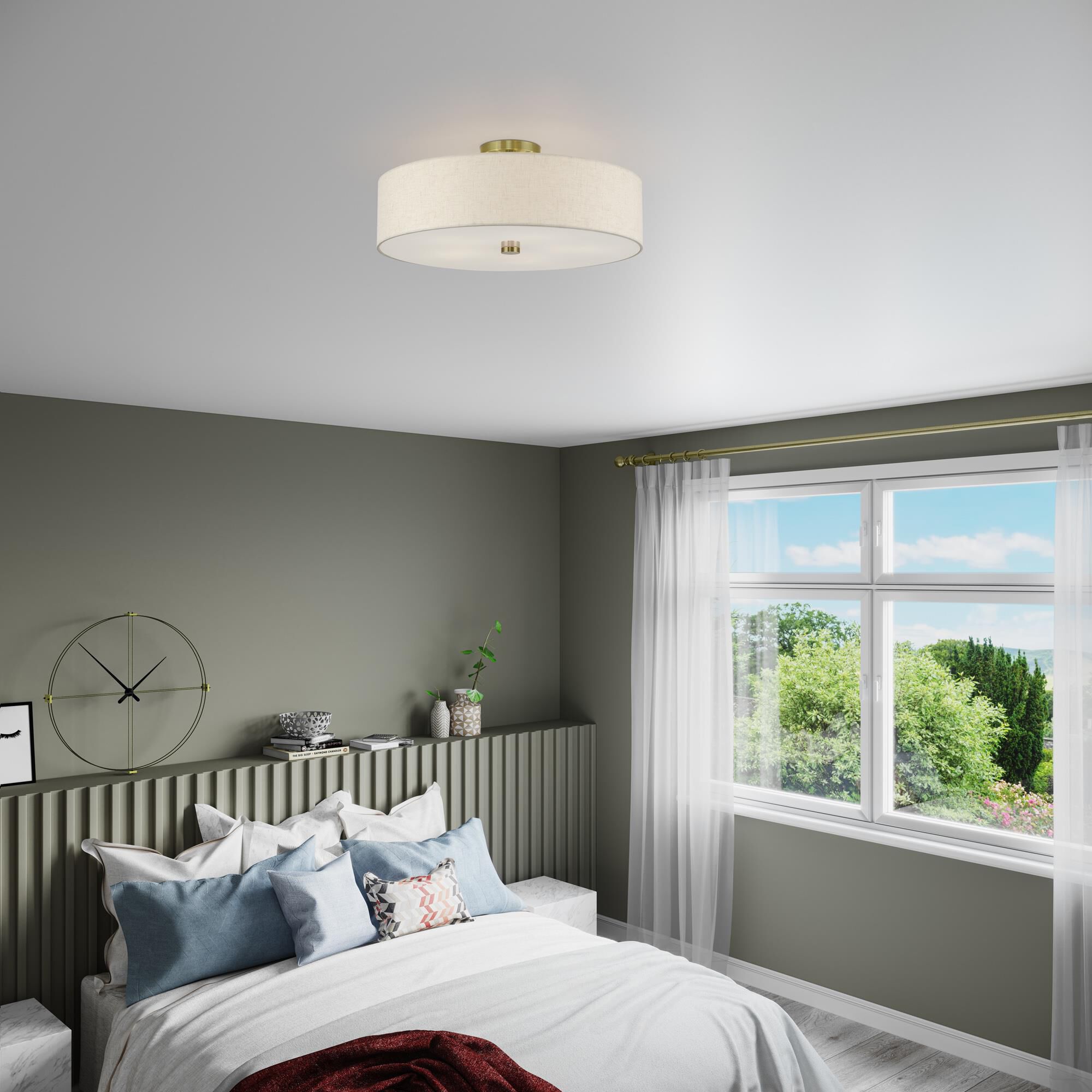 Shown in Antique Brass finish and Hand Crafted Oatmeal Color Fabric with White Color Inside shade