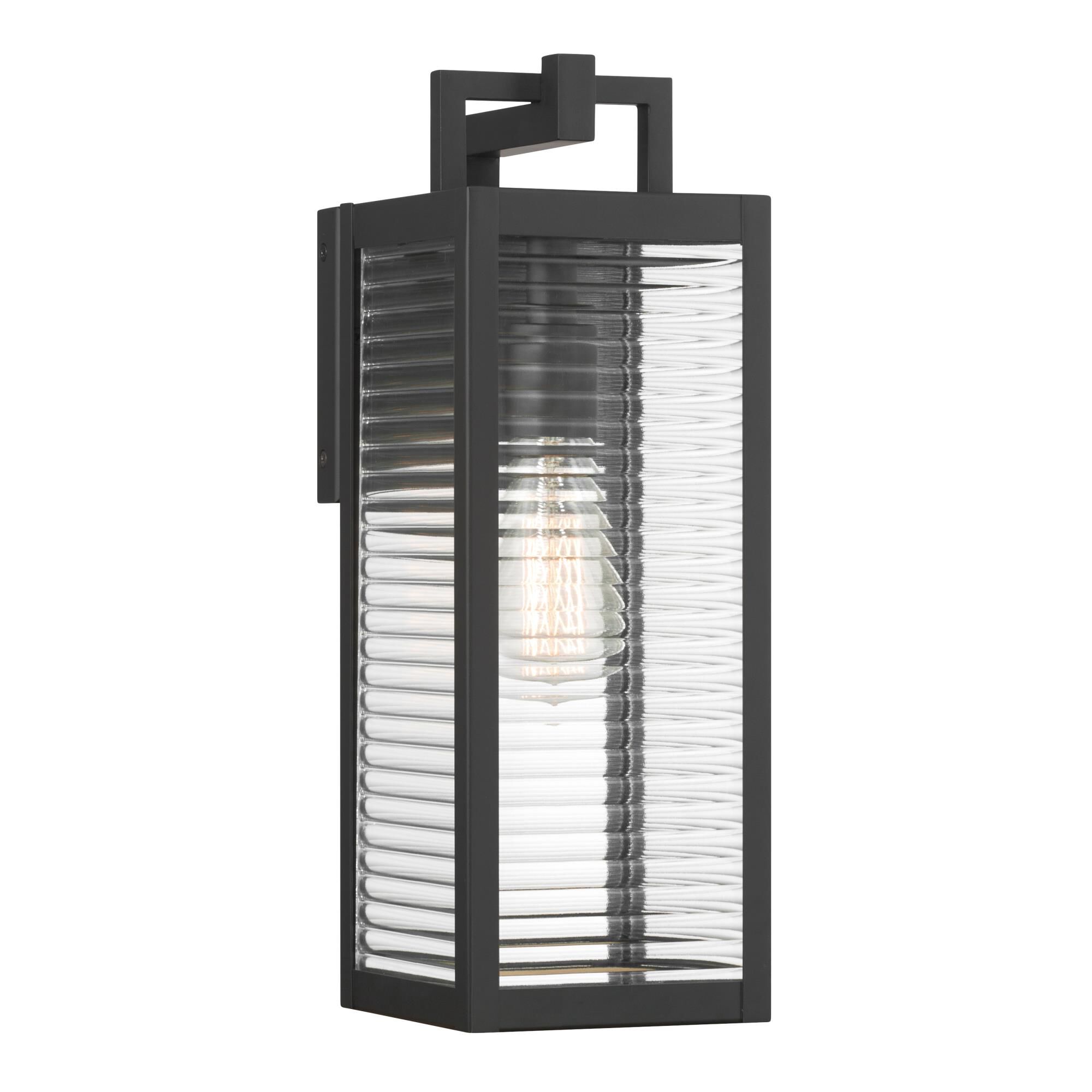Shown in Dark Matte Black finish and Clear Ribbed glass