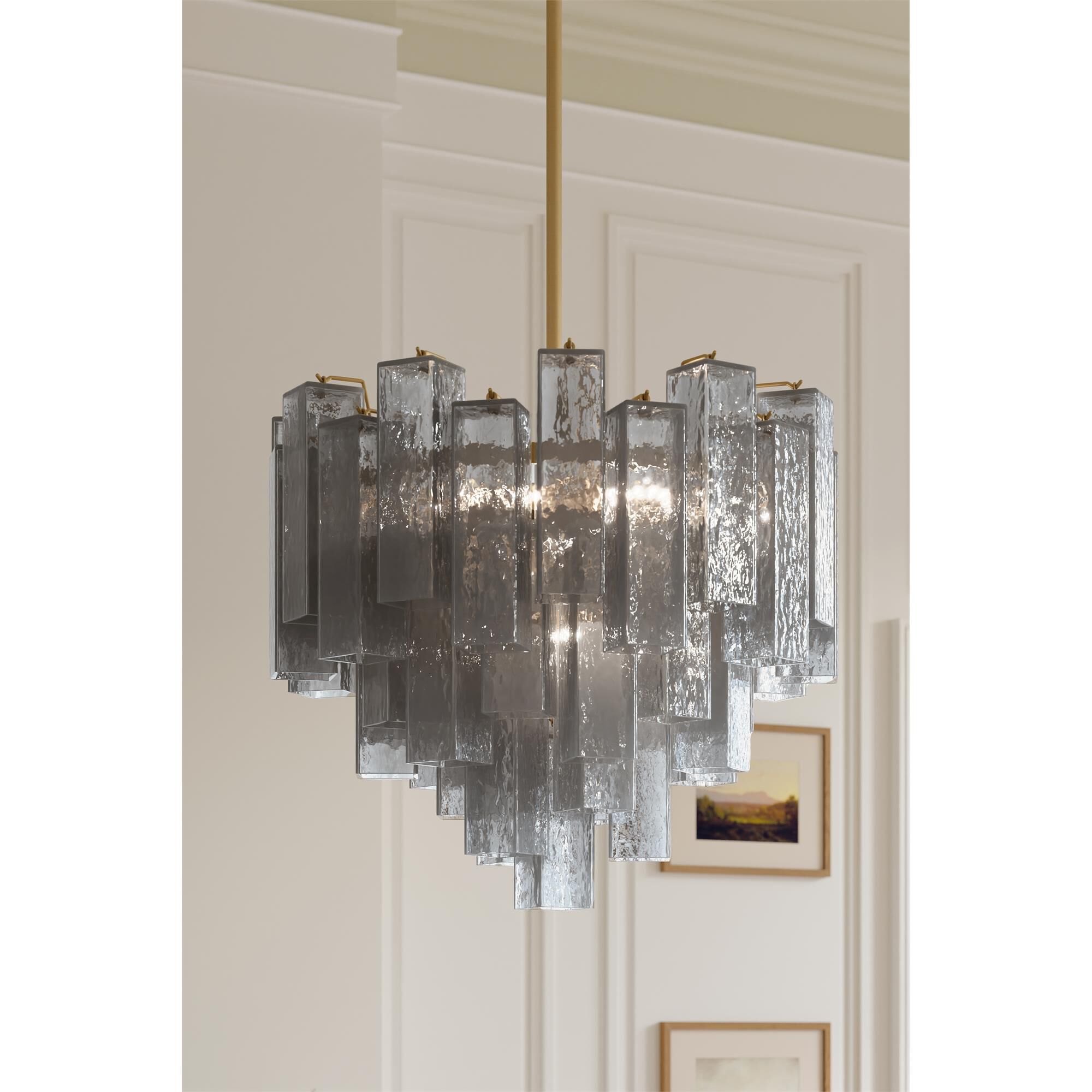 Shown in Legacy Brass finish and Grey Smoke Handmade glass