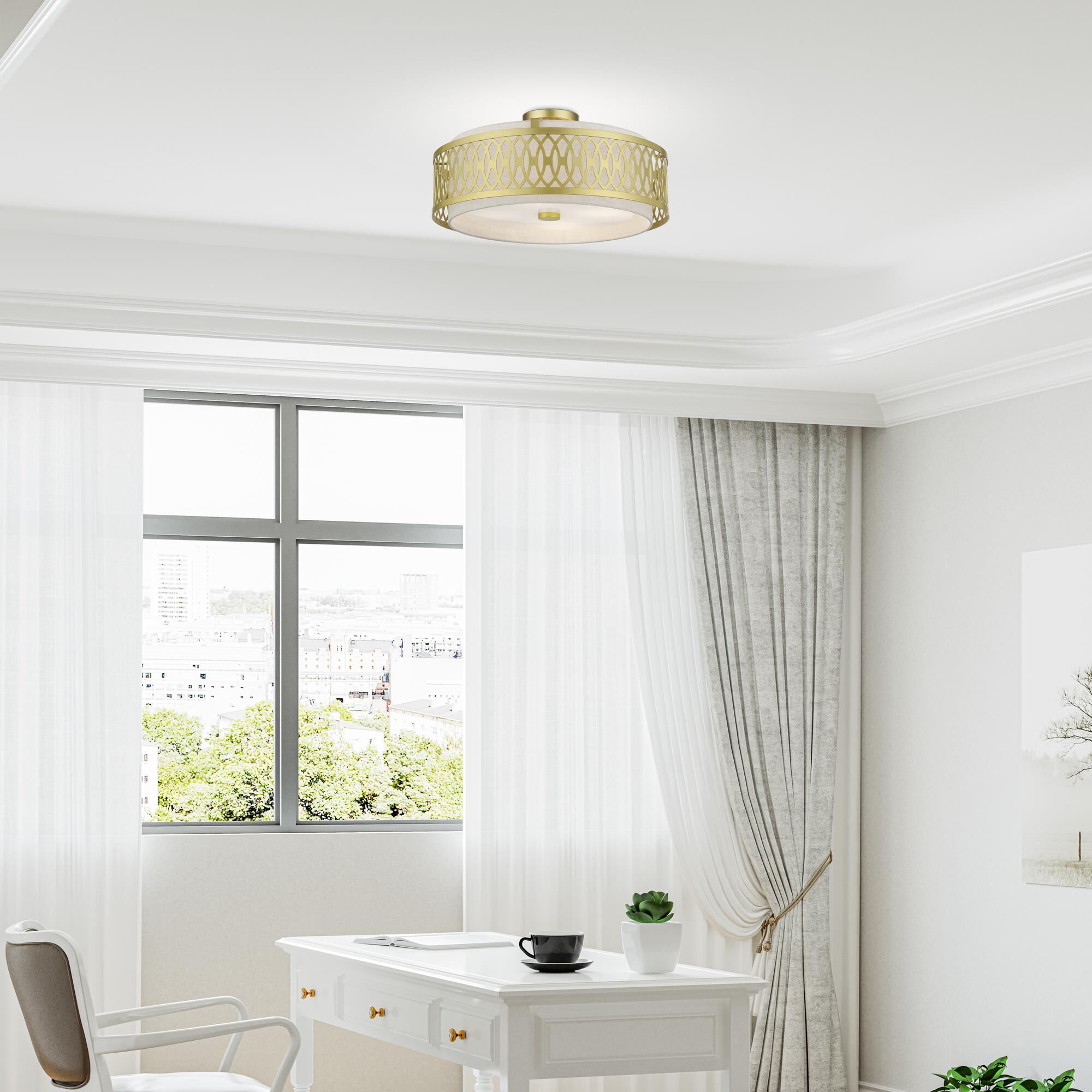 Shown in Soft Gold finish and Hand Crafted Oatmeal Color Hardback shade