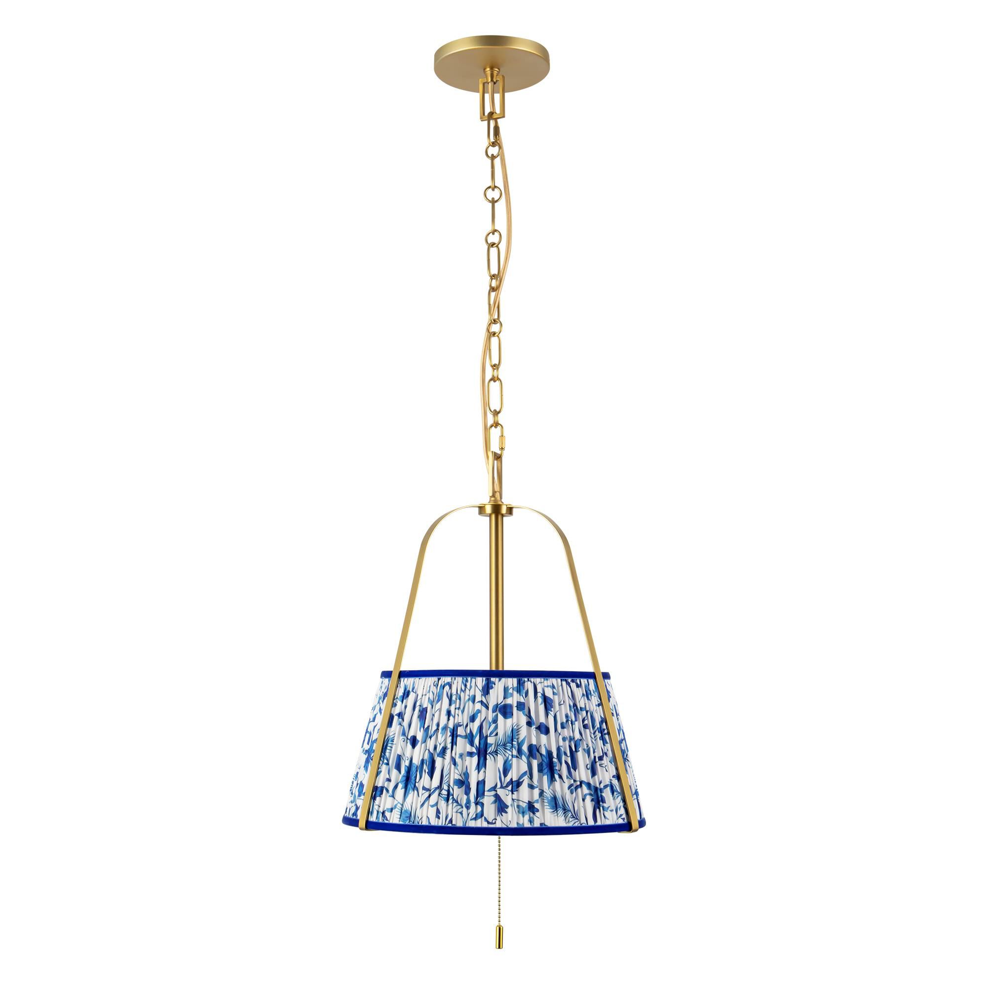 Shown in Brushed Gold finish and Blue Linen shade