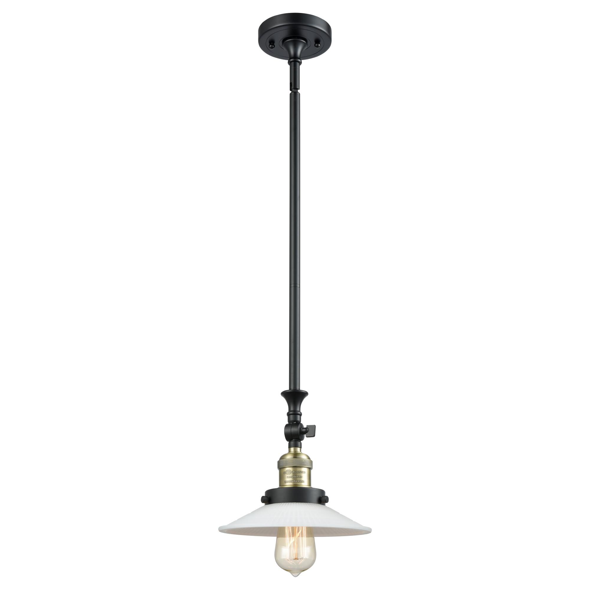 Shown in  Black Antique Brass finish and Matte White Halophane - Cone glass