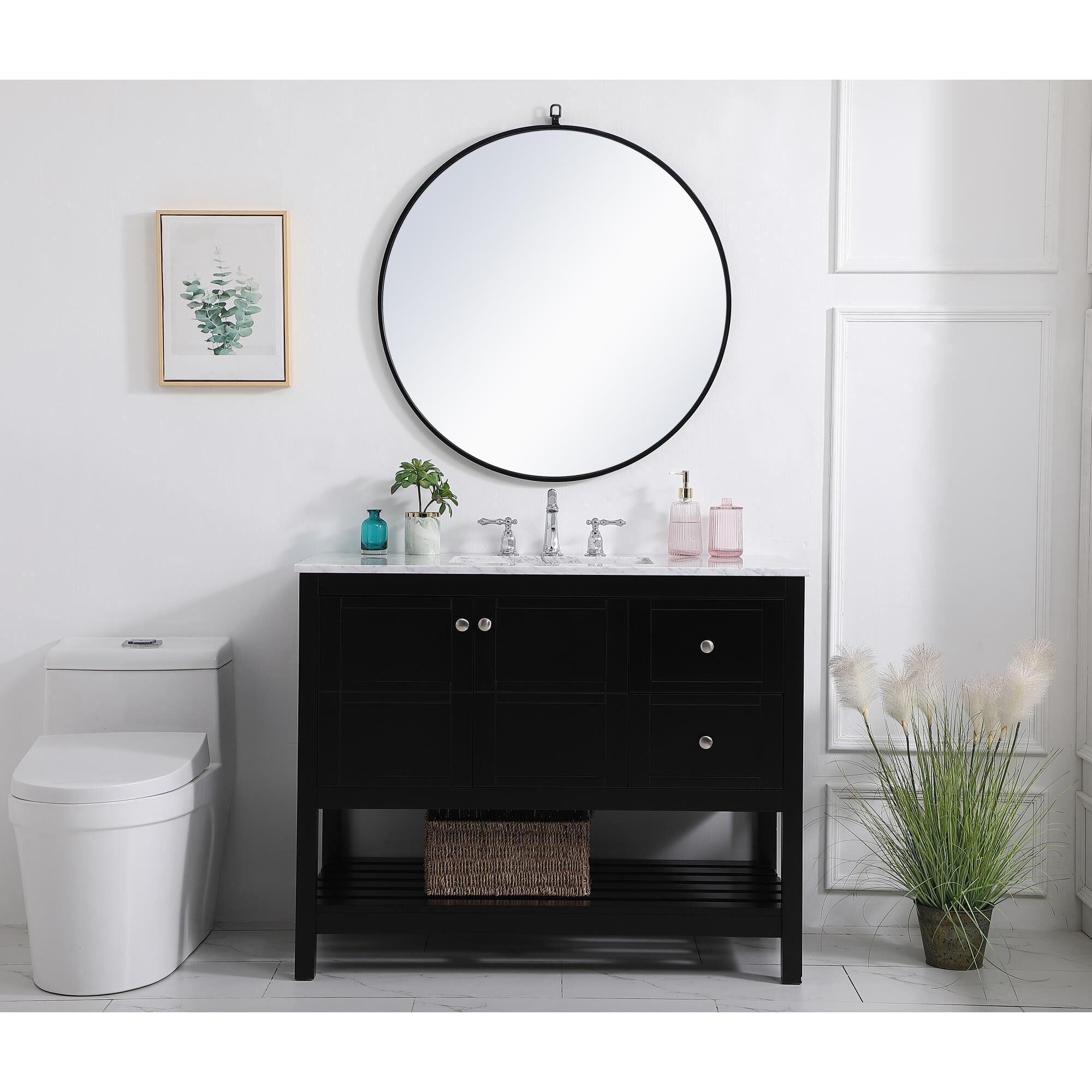 Shown in Black And Brushed Nickel With Carrara White Marble finish