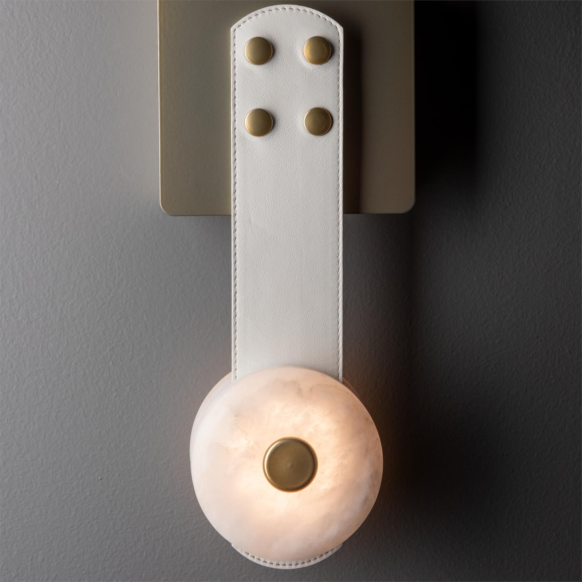 Shown in Modern Brass finish and Alabaster shade and White accent
