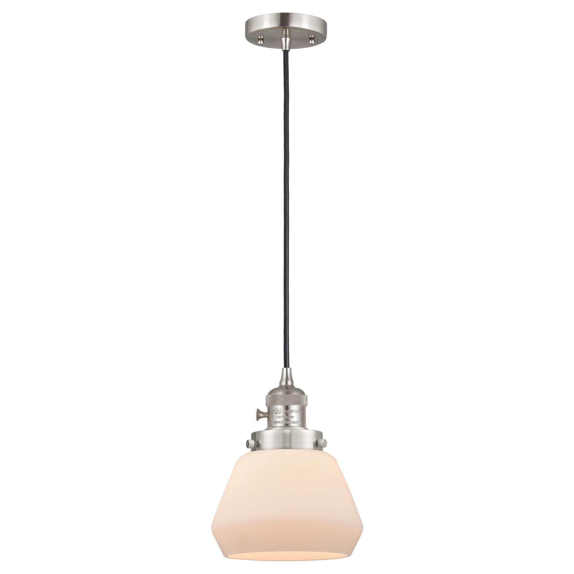 Shown in Brushed Satin Nickel finish and Matte White glass