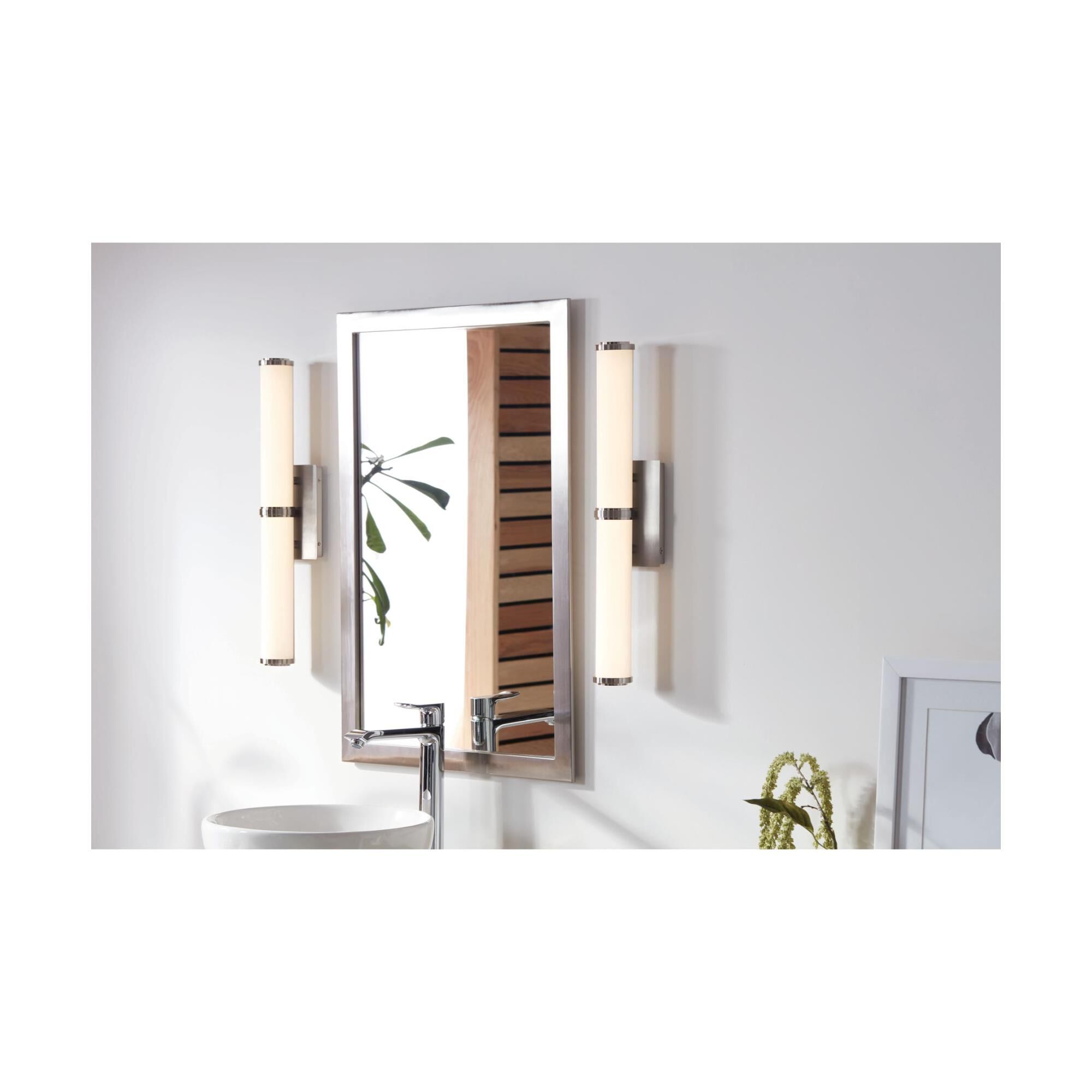 Shown in Brushed Nickel finish and Etched White glass