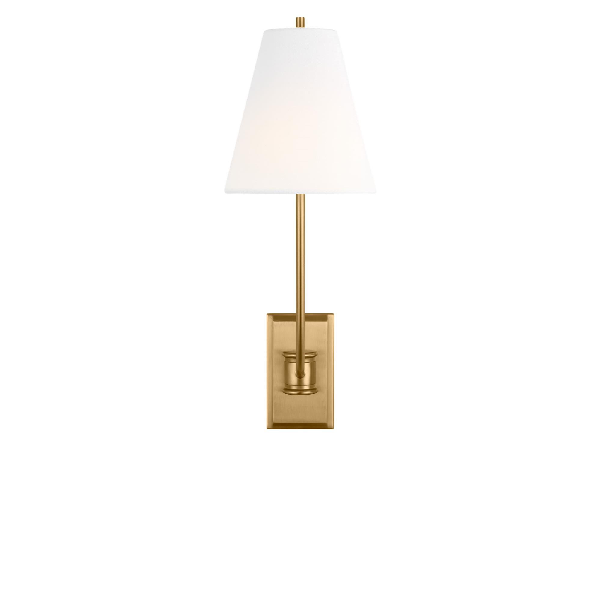 Shown in Burnished Brass finish and White Linen Fabric shade