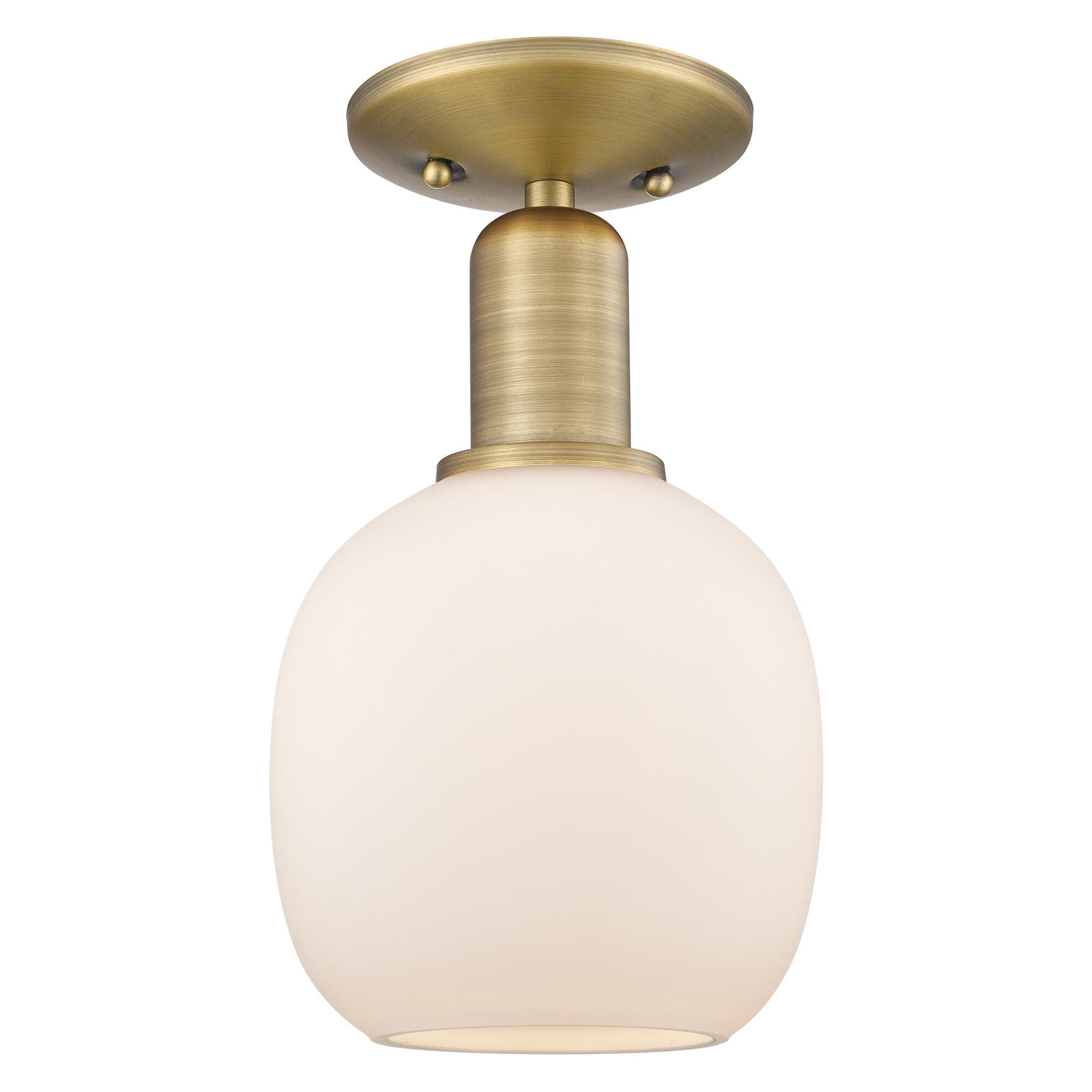 Shown in Brushed Brass finish and Matte White glass