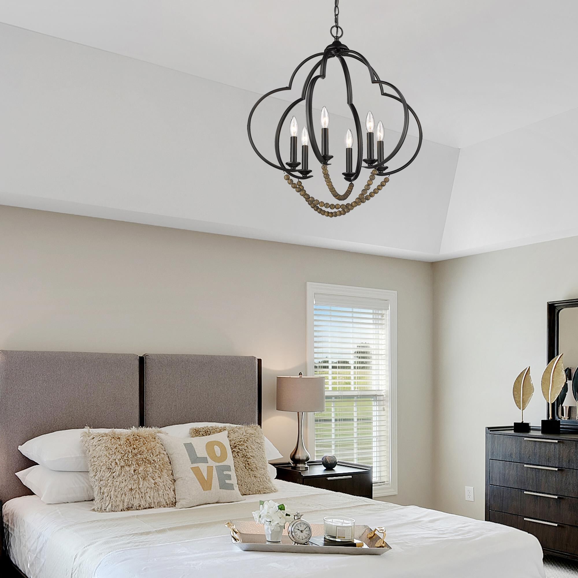 Shown in Matte Black finish and Espresso Wood Beads shade