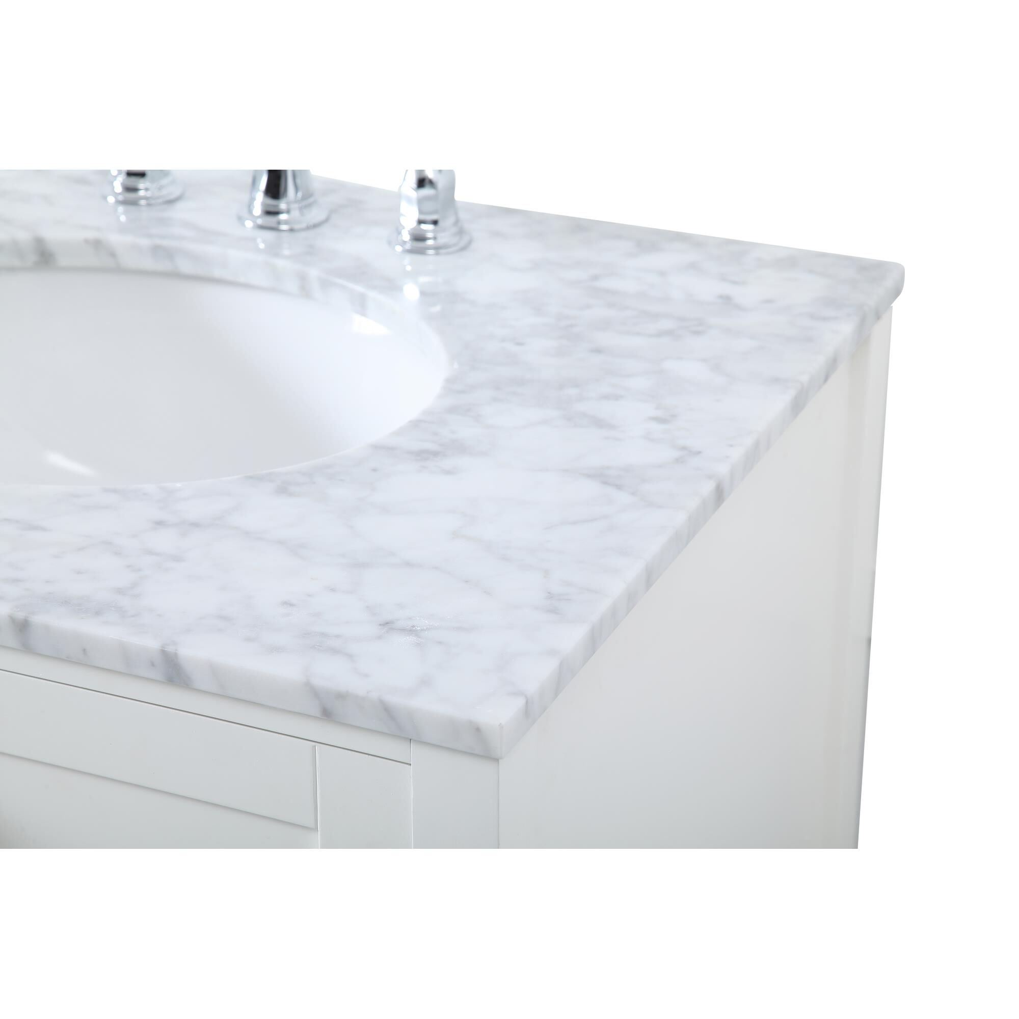 Shown in White And Brushed Nickel With Carrara White Marble finish