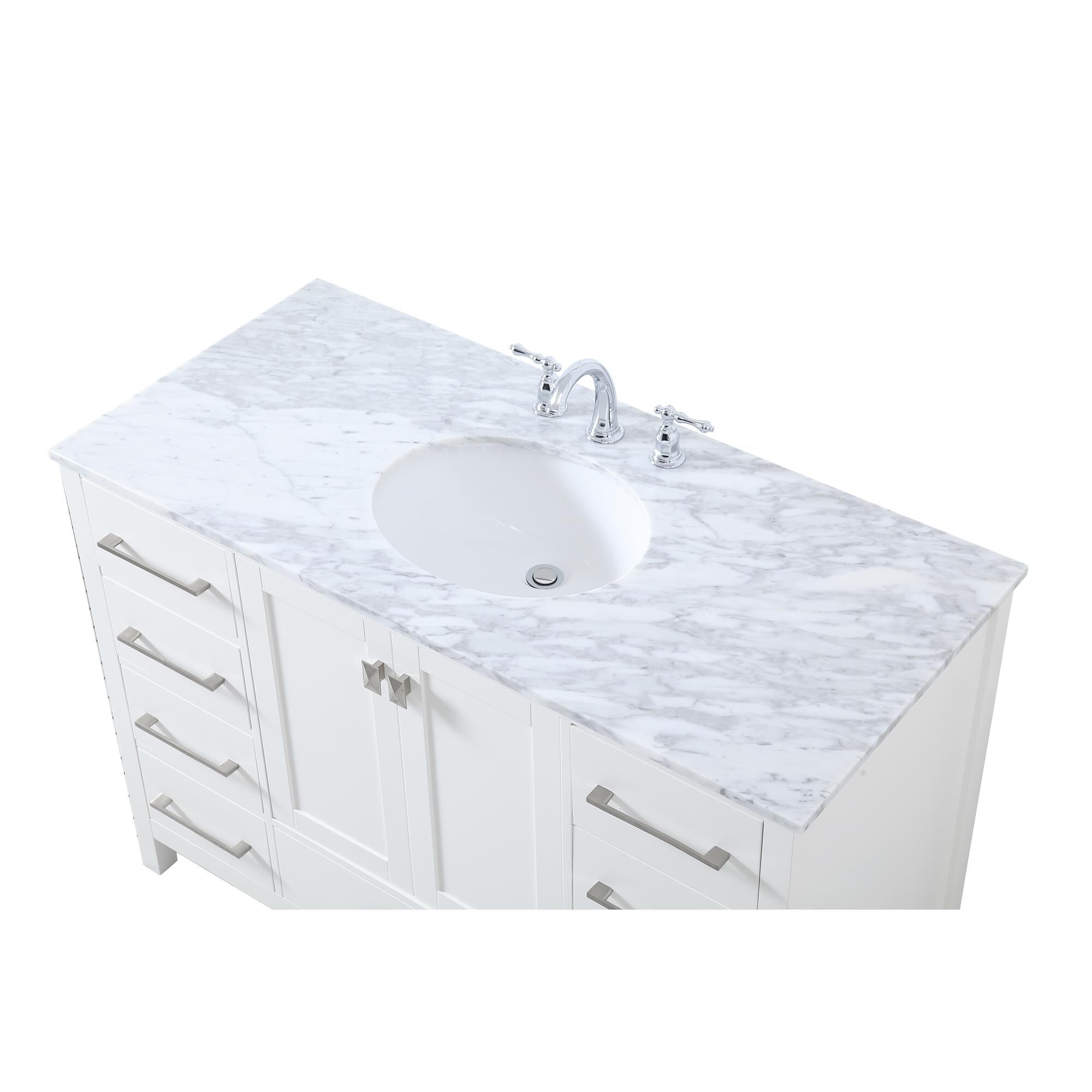 Shown in White And Brushed Nickel With Carrara White Marble finish