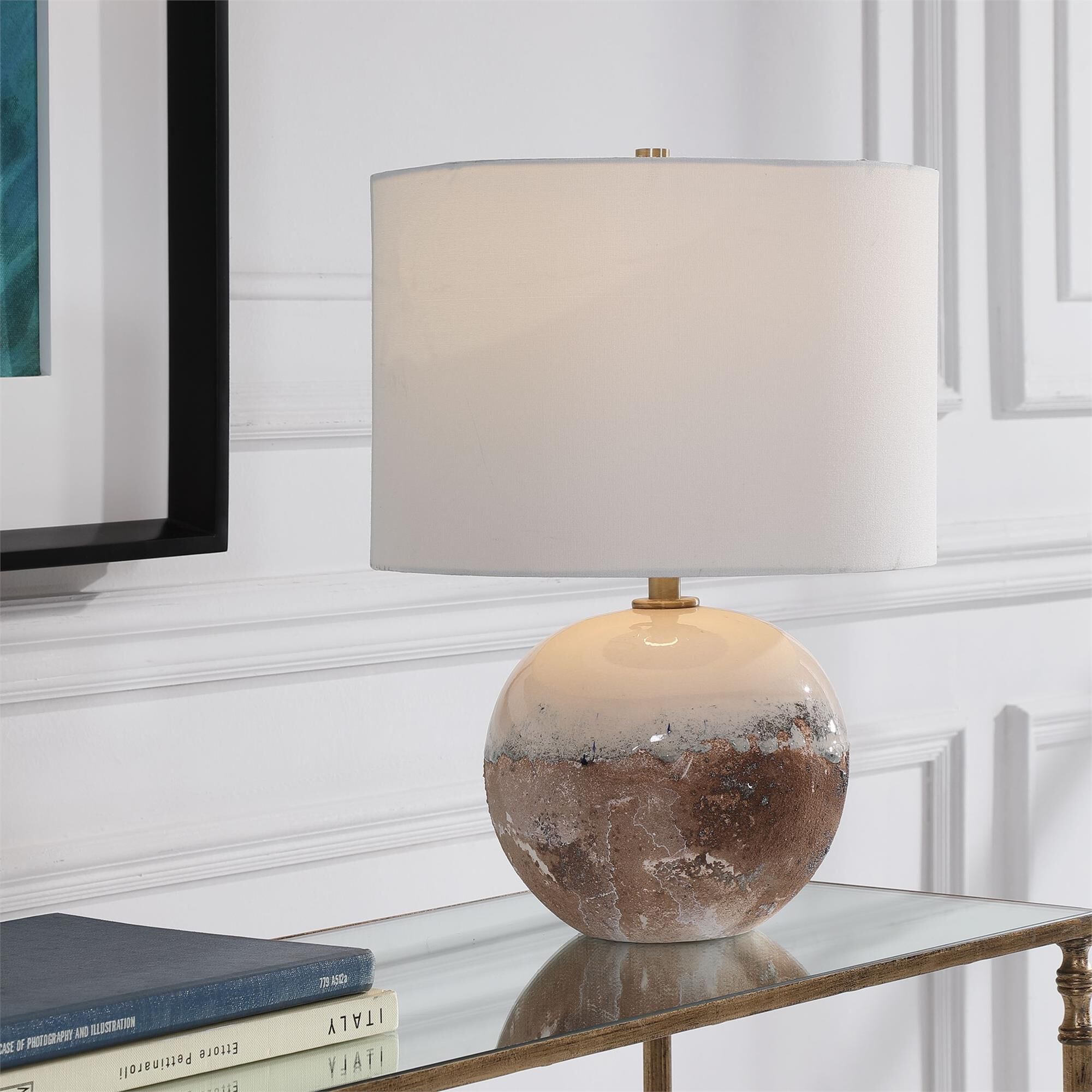 Shown in This Accent Lamp Features A Ceramic Base Finished In An Earthy Terra Cotta Rust That Transitions Int finish and Round Drum Hardback shade