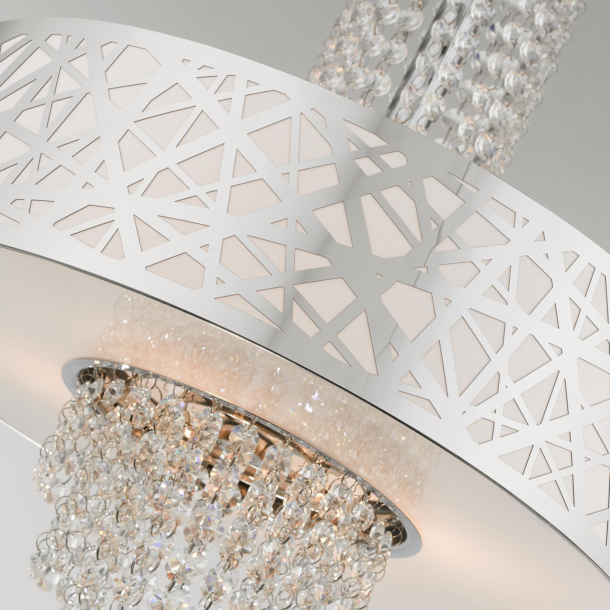 Shown in Polished Chrome finish and Off-White Fabric Hardback  Inside & Clear Crystals shade