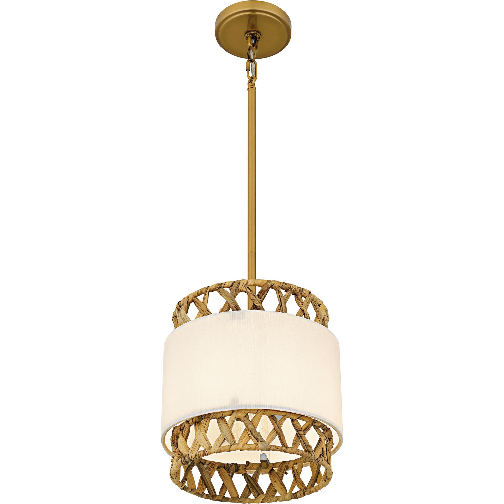 Shown in Brushed Gold finish and White Linen And Rattan shade