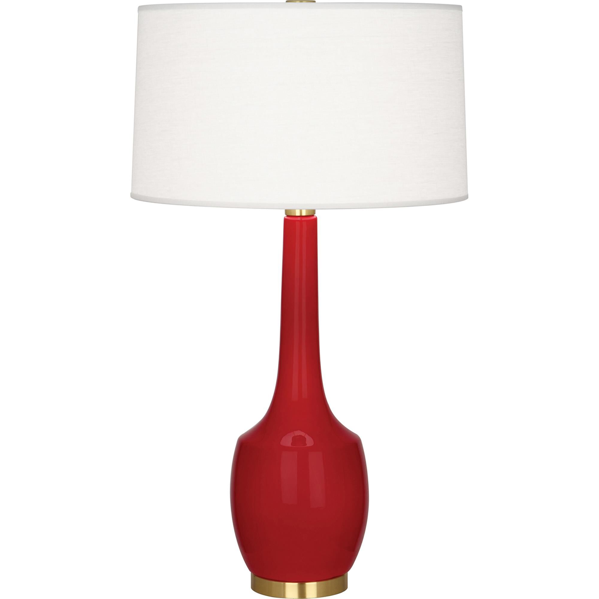 Shown in Ruby Red Glazed Ceramic finish and Oyster Linen With Self-Fabric Top And Bottom Diffuser shade