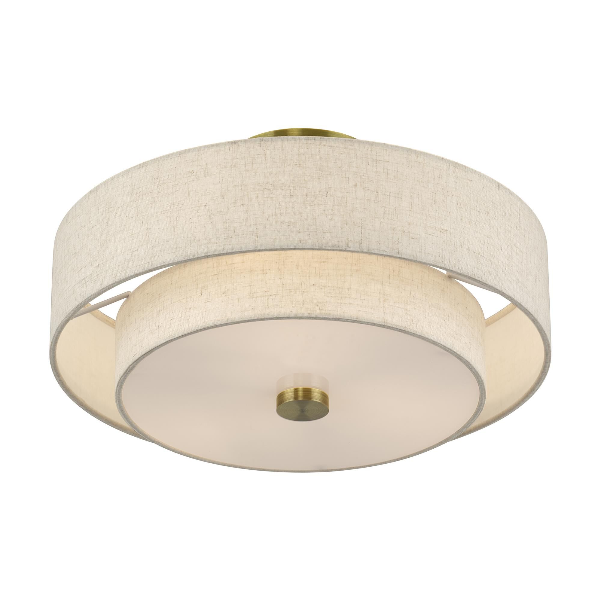 Shown in Antique Brass finish and Hand Crafted Oatmeal Color Fabric with White Color Inside shade
