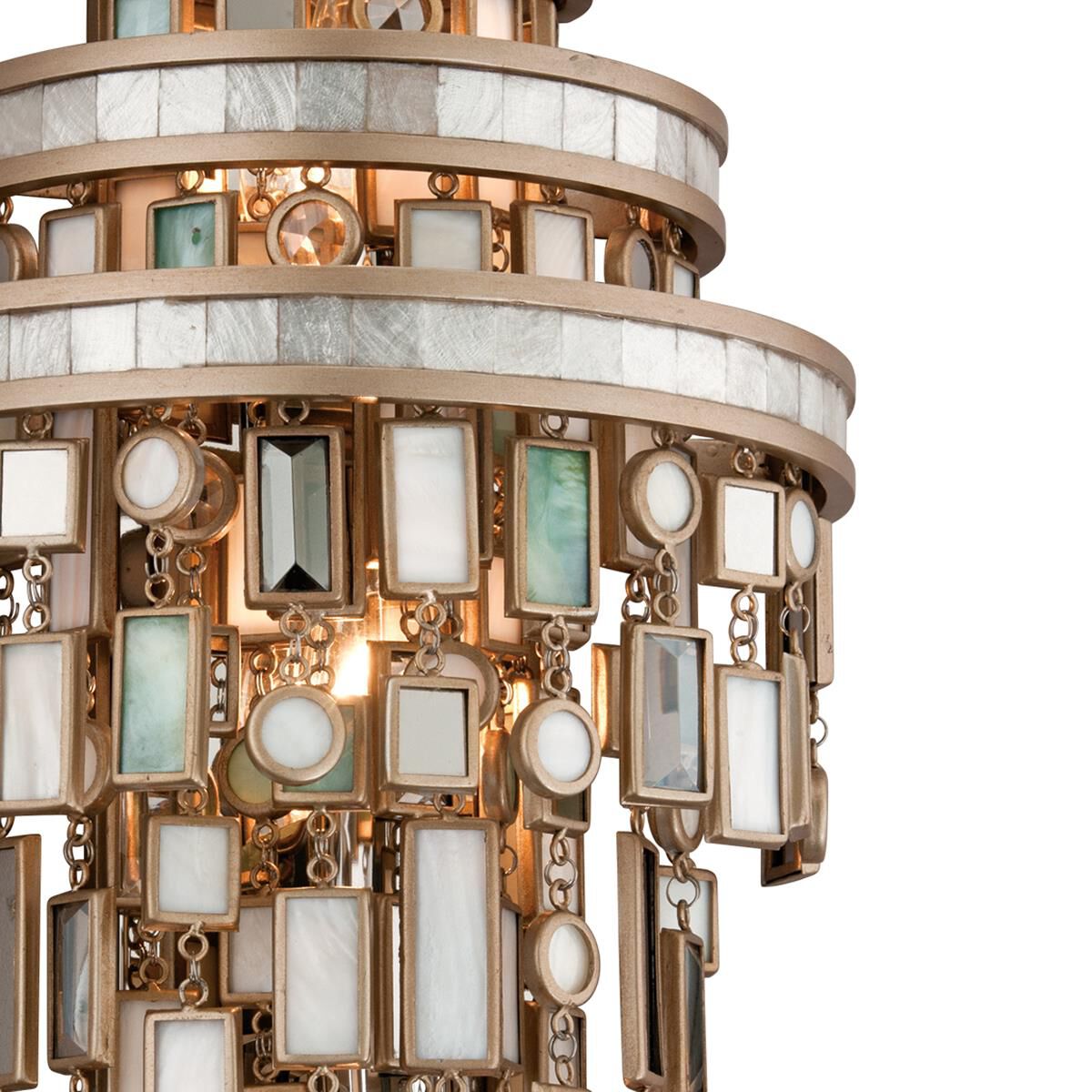 Shown in Dolcetti Silver finish and Mixed glass and Shells, Crystal, Stainless shade and Mixed Shells with Crystal and Stainless  accent