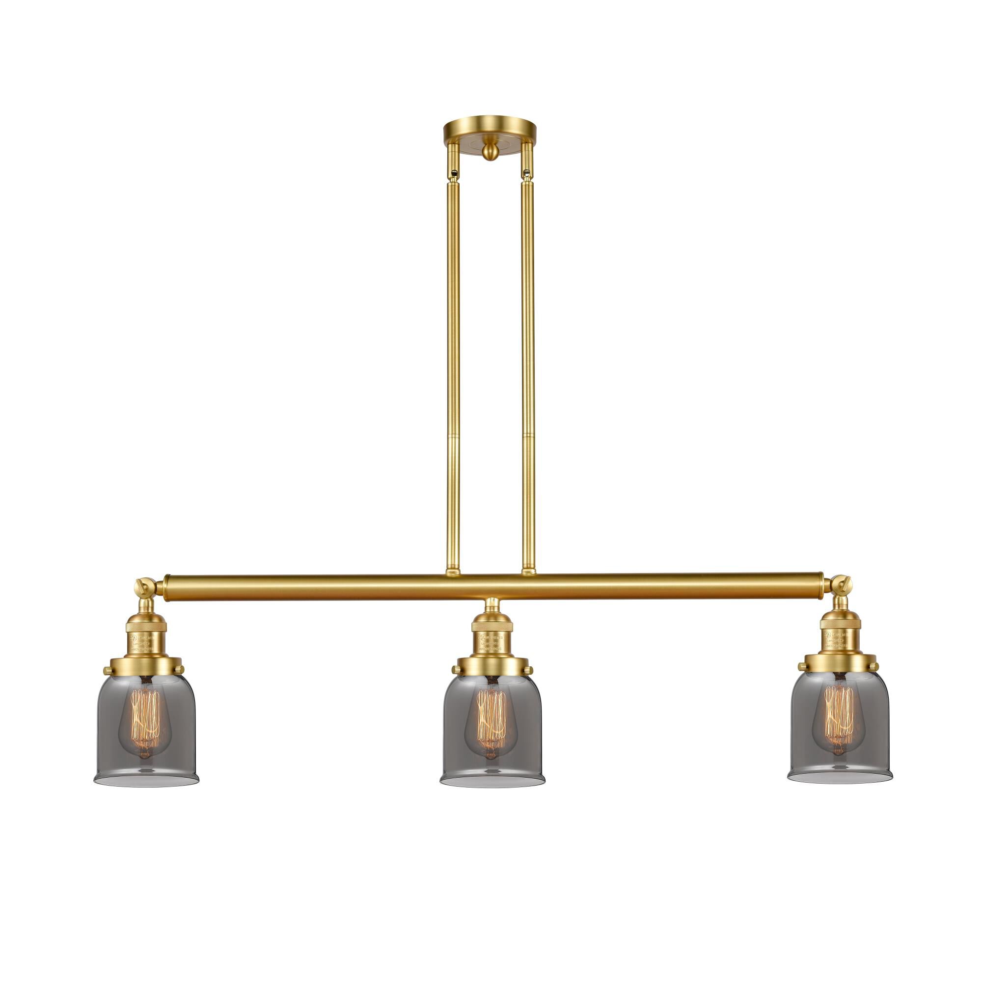 Shown in Satin Gold finish and Plated Smoke Small Bell glass