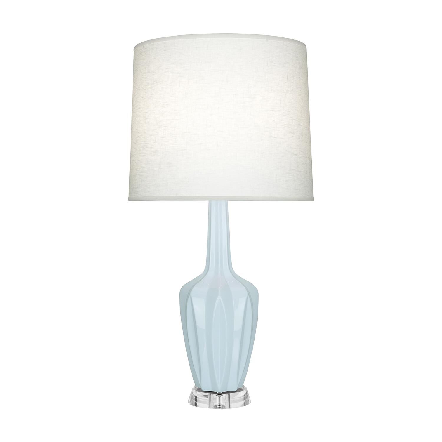 Shown in Baby Blue finish and Off White shade and Polished Nickel with Lucite accent