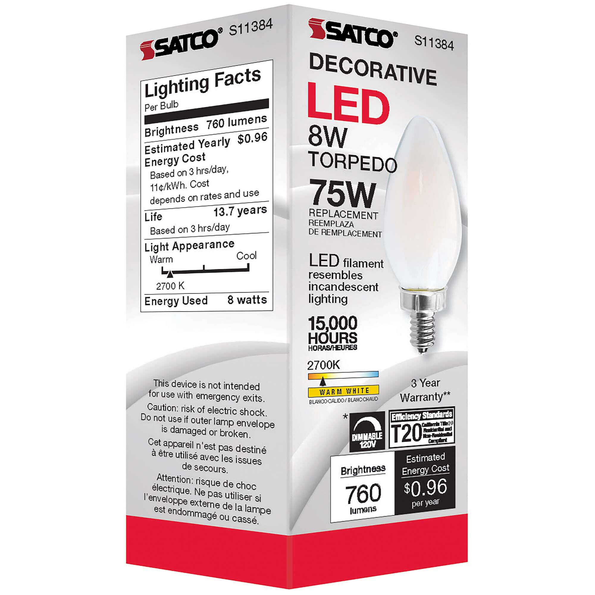 Dimmable 8 Watt 2700K C11 LED Light Bulb by Satco