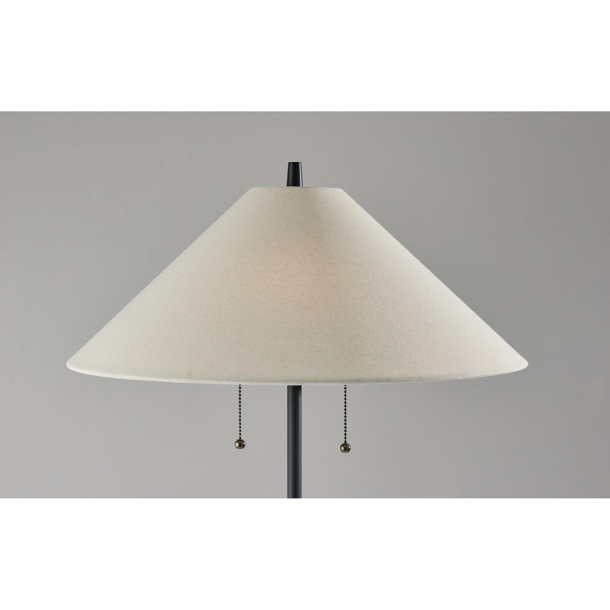 Shown in Black & Natural Wood finish and White Textured Fabric shade