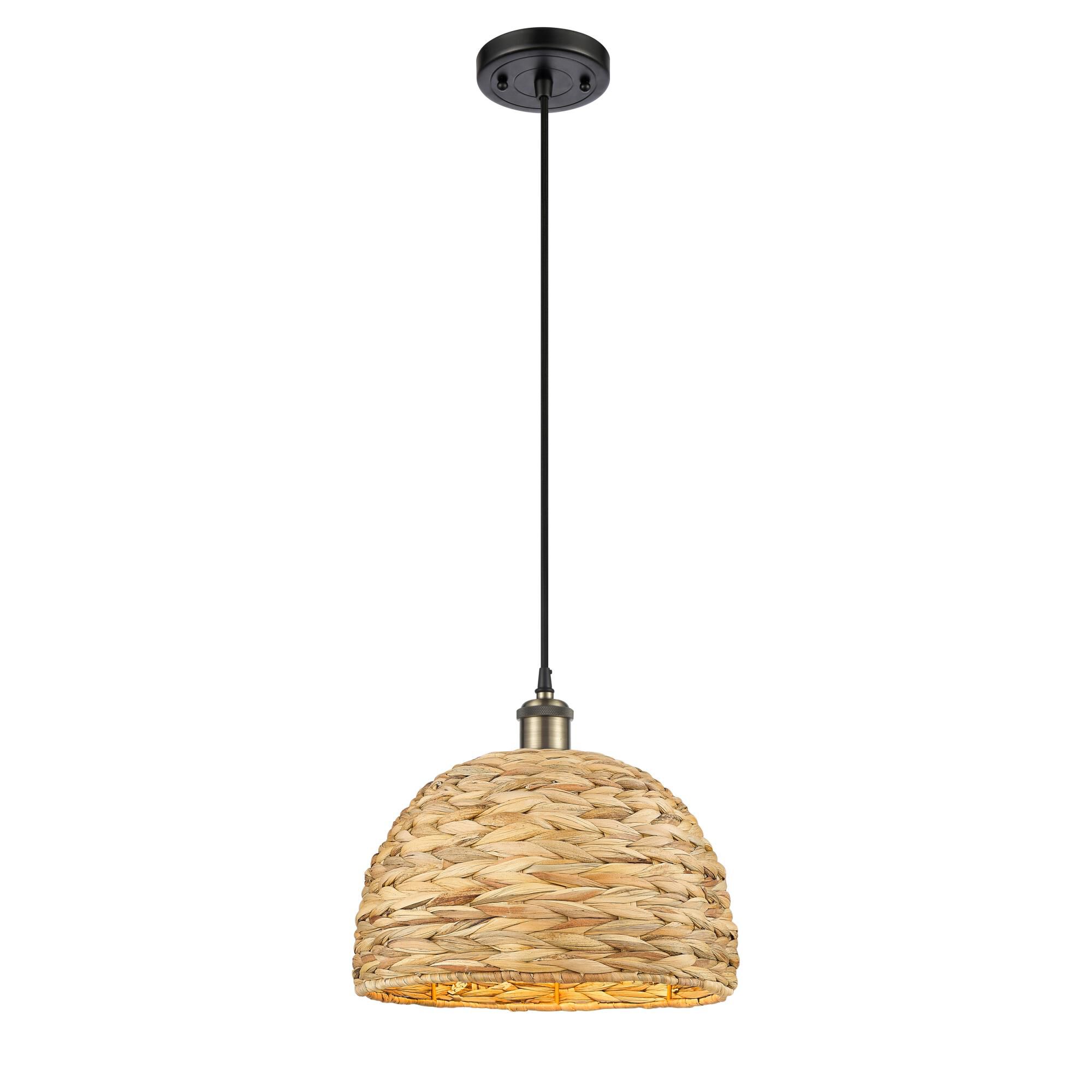 Shown in Black Antique Brass finish and Natural shade