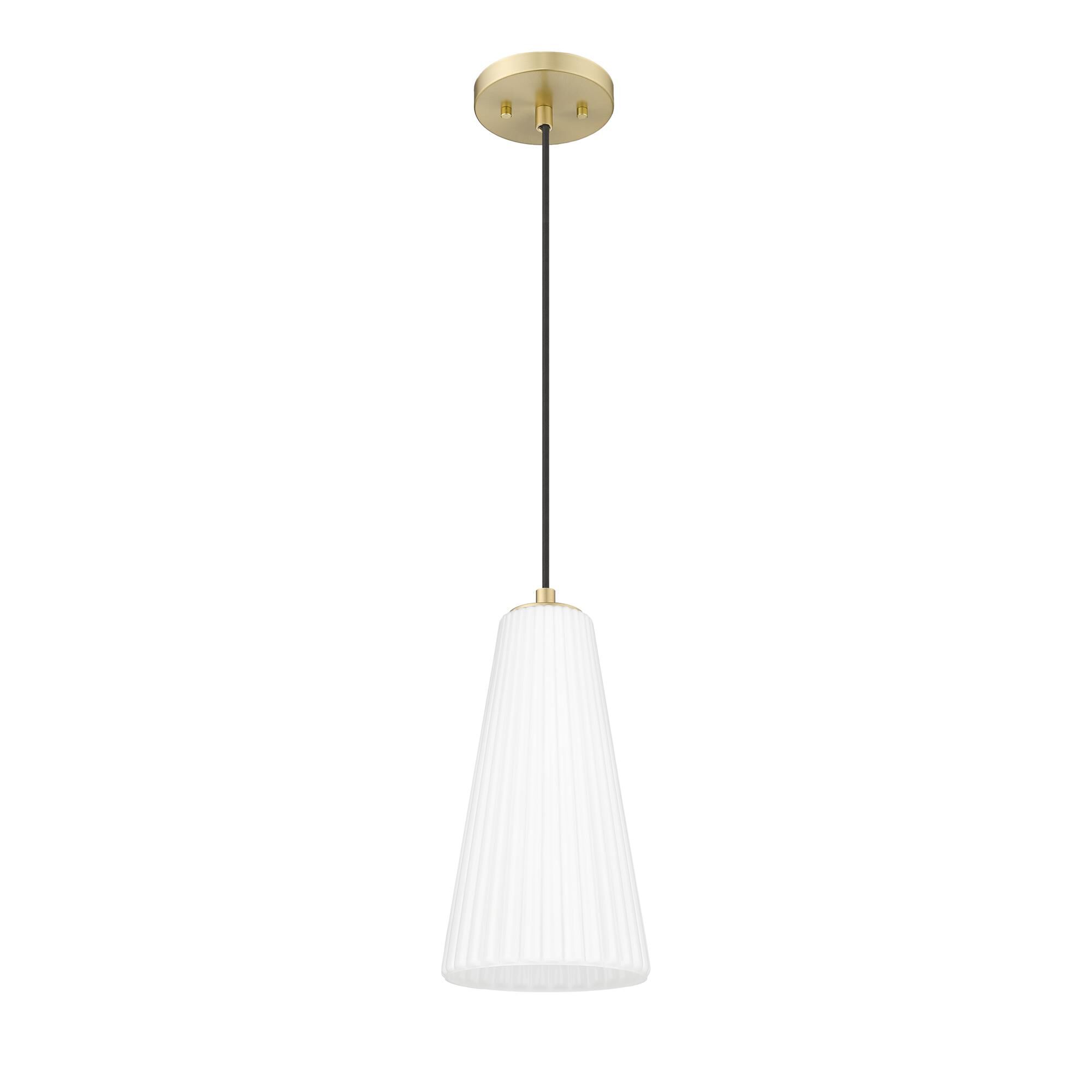 Shown in Modern Gold finish and White glass and White shade